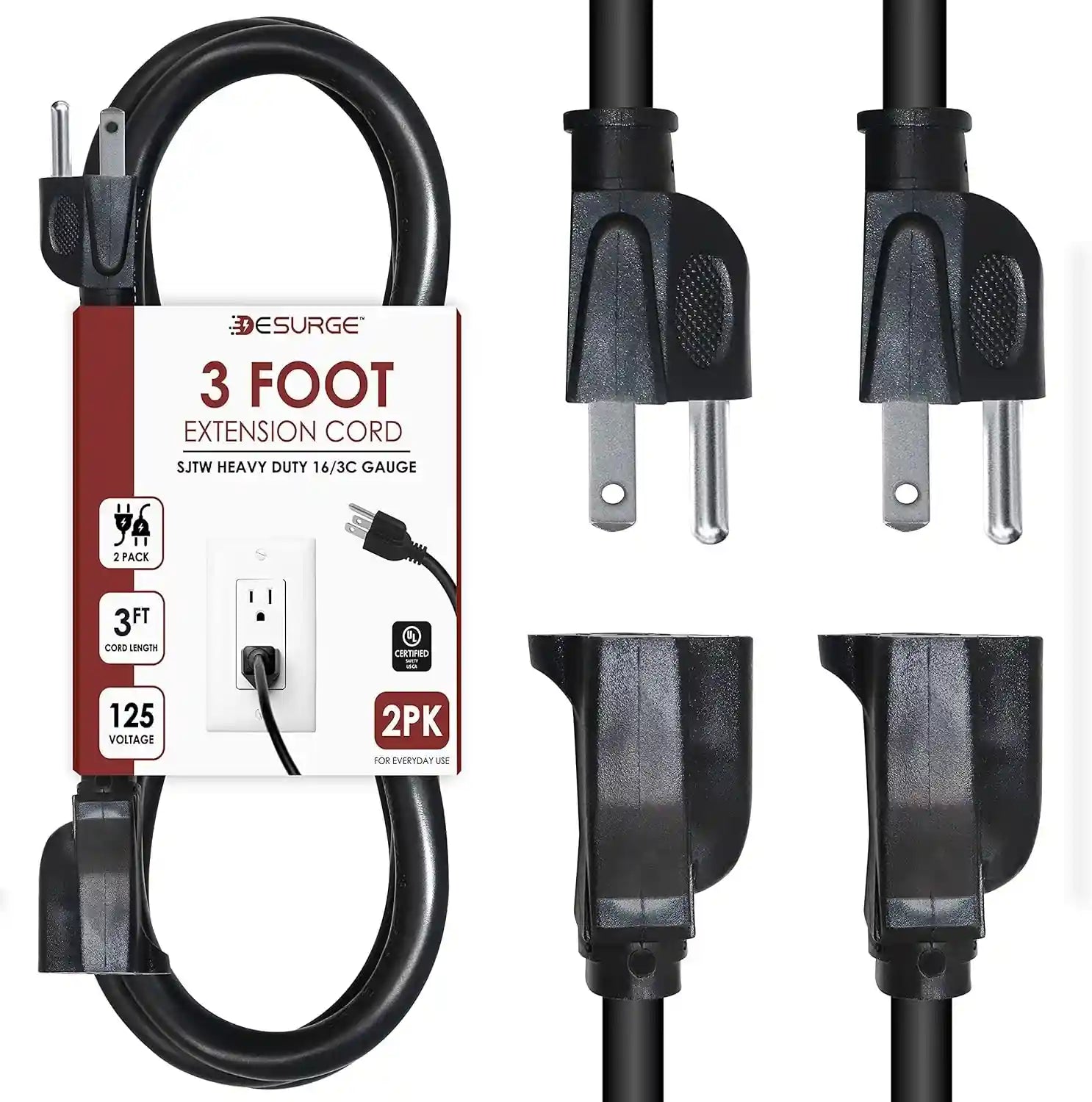 Digital Energy 3 Prong 3 Foot Indoor Outdoor Extension Cords 2 Pack, Heavy Duty Power Cords 13A 125V 60Hz 1625W, UL Listed, Black