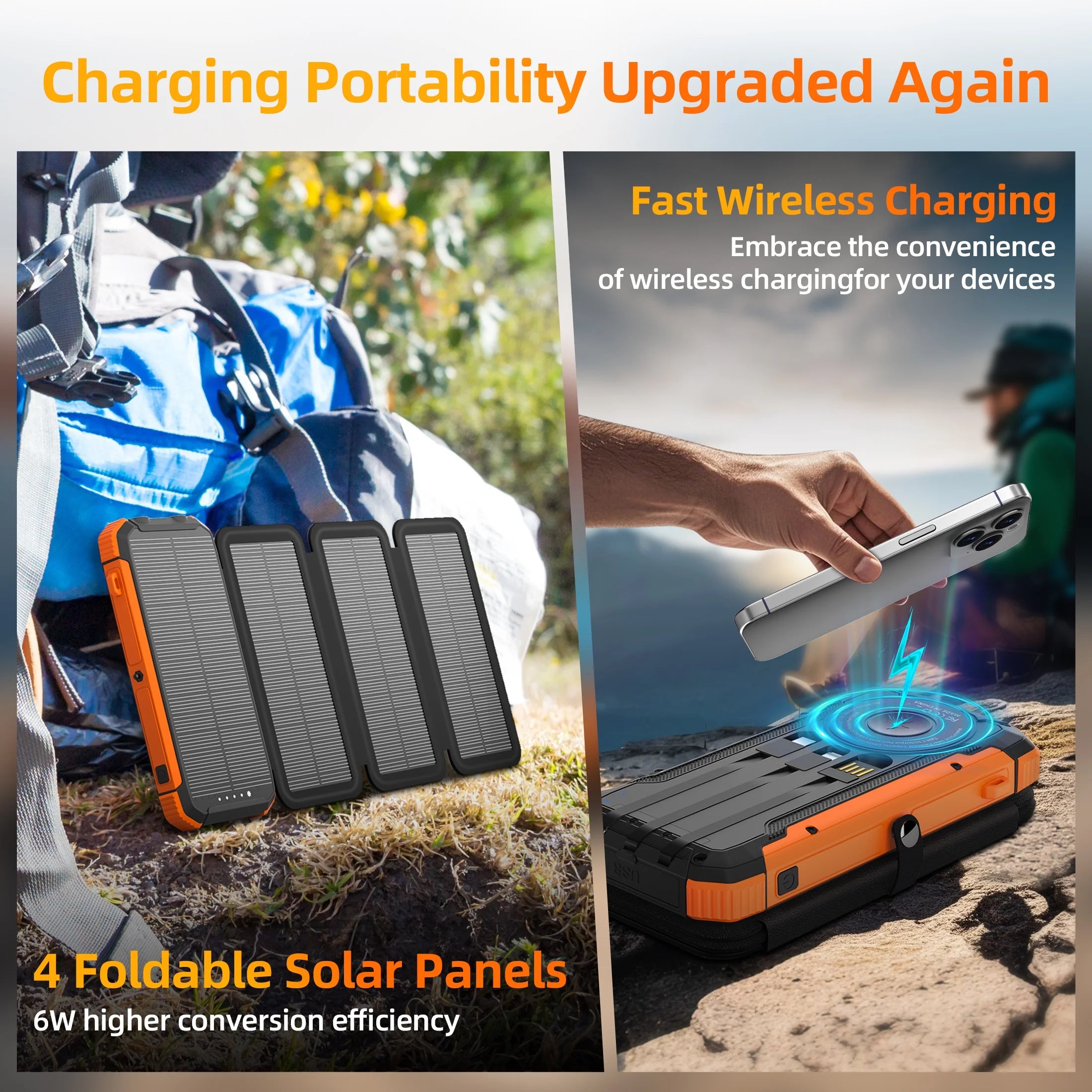 20000Mah Solar Power Bank with 4 Solar Panels,Portable Charger with Built-In 3 Cables and 5W Wireless Charging,Phone Charger Compatible with Iphone/Android-Camping/Travel Essentials(Orange)