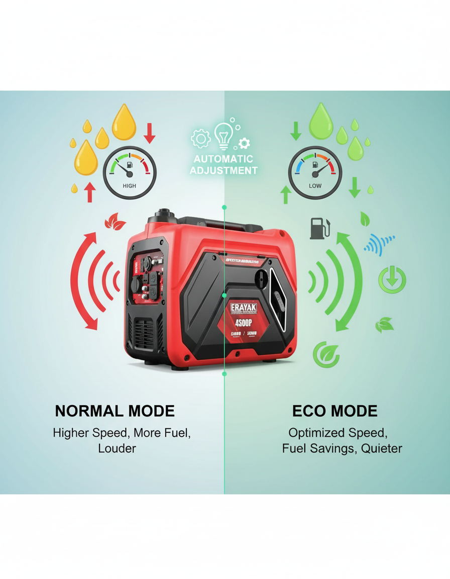 Eco mode auto-adjusts engine speed for fuel savings and quiet power