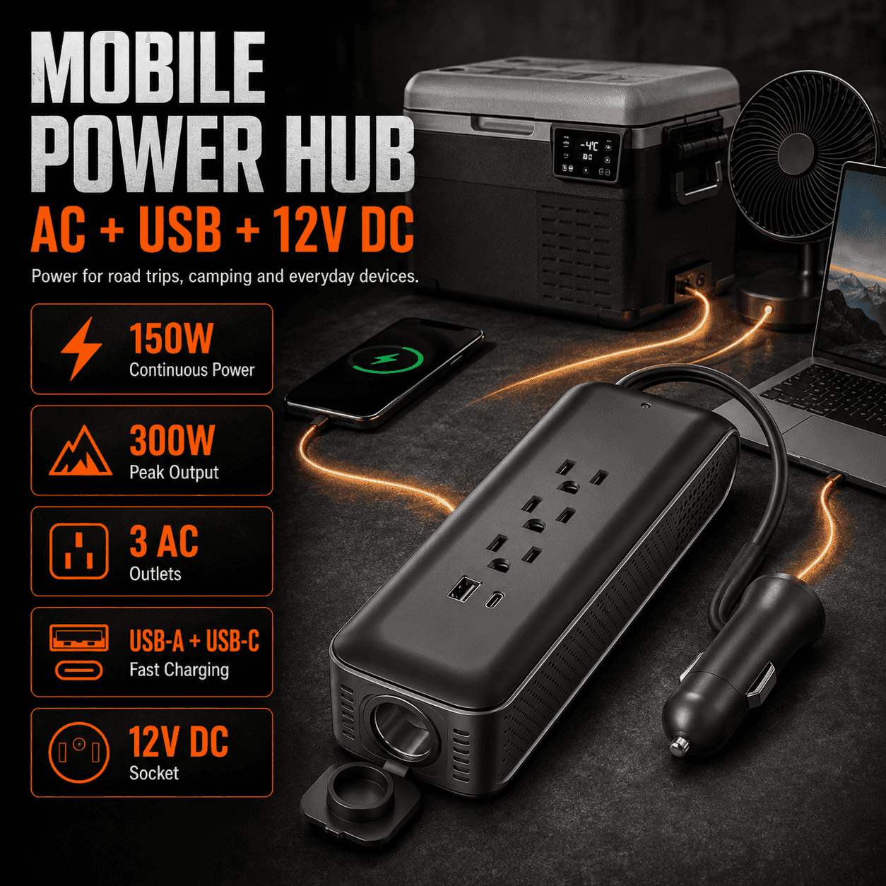 ERAYAK 150W Car Power Inverter - 3 AC Outlets, USB - C & USB - A Fast Charging - Erayak Power - Car charger - EK-TANK150