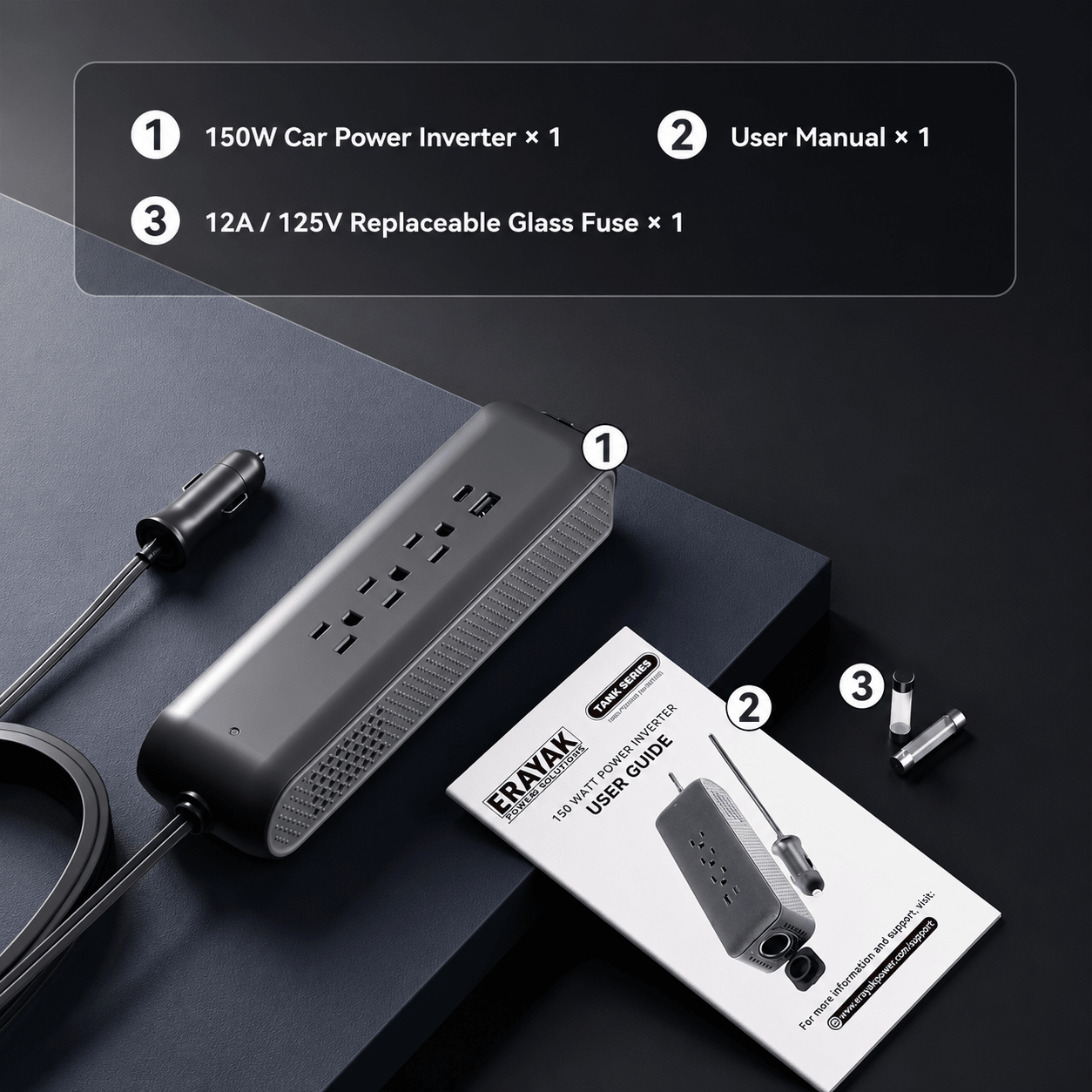 ERAYAK 150W Car Power Inverter - 3 AC Outlets, USB - C & USB - A Fast Charging - Erayak Power - Car charger - EK-TANK150