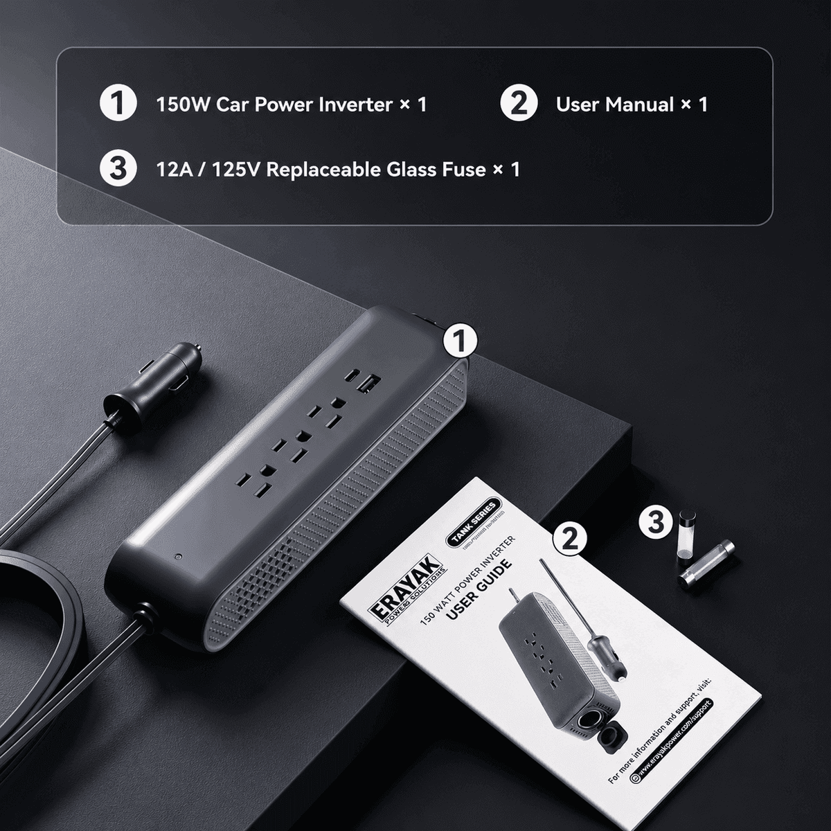 ERAYAK 150W Car Power Inverter - 3 AC Outlets, USB - C & USB - A Fast Charging - Erayak Power - Car charger - EK-TANK150