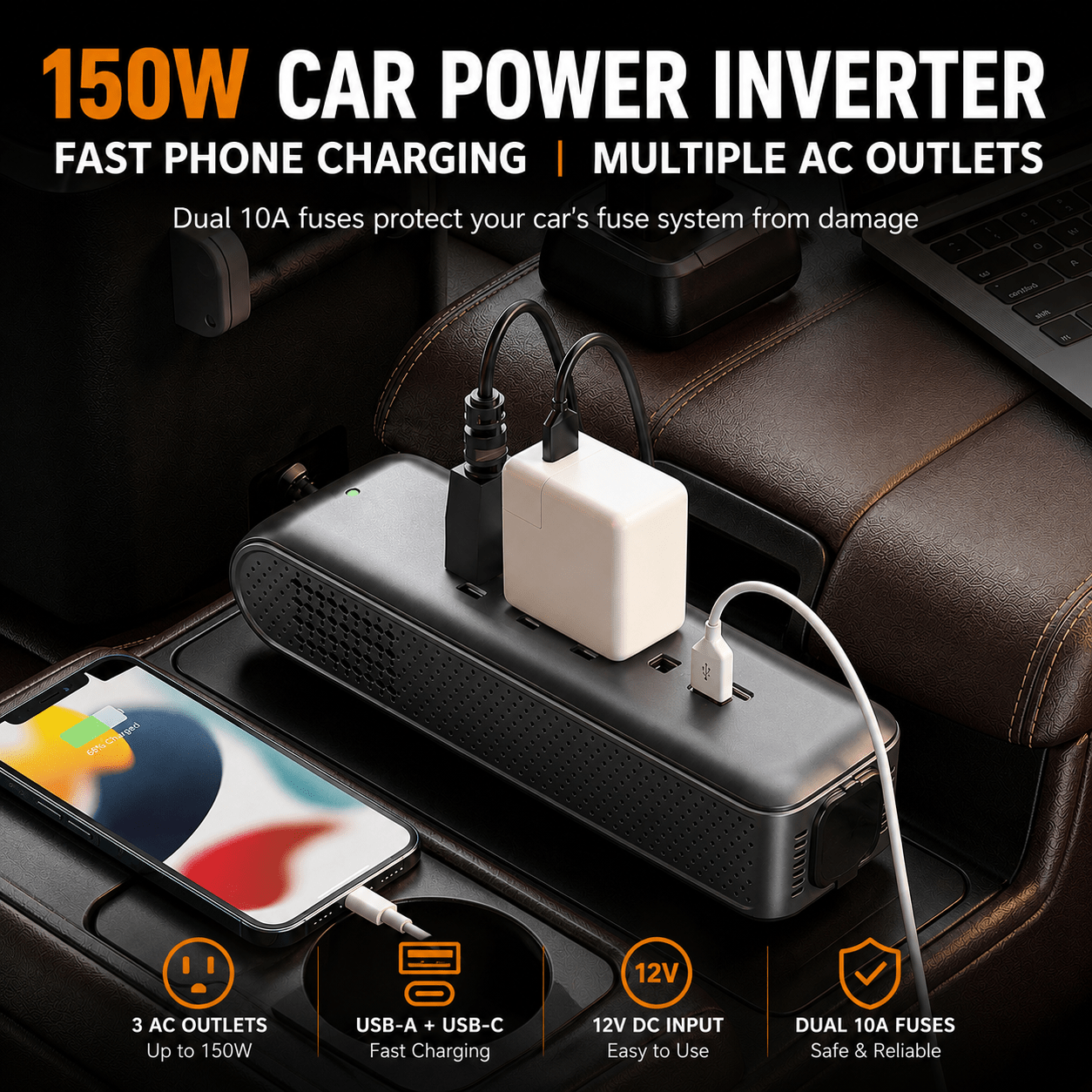 ERAYAK 150W Car Power Inverter - 3 AC Outlets, USB - C & USB - A Fast Charging - Erayak Power - Car charger - EK-TANK150