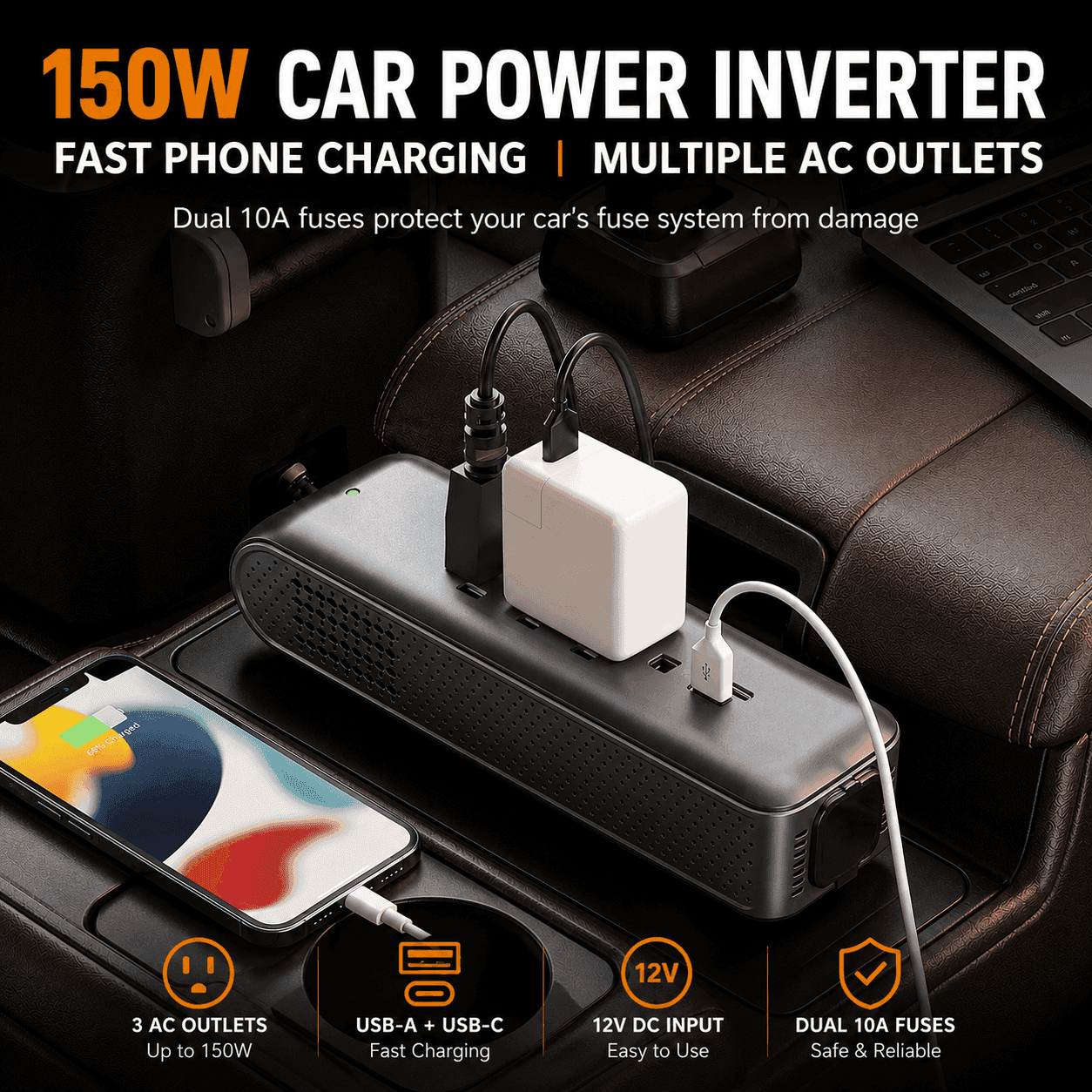 ERAYAK 150W Car Power Inverter - 3 AC Outlets, USB - C & USB - A Fast Charging - Erayak Power - Car charger - EK-TANK150