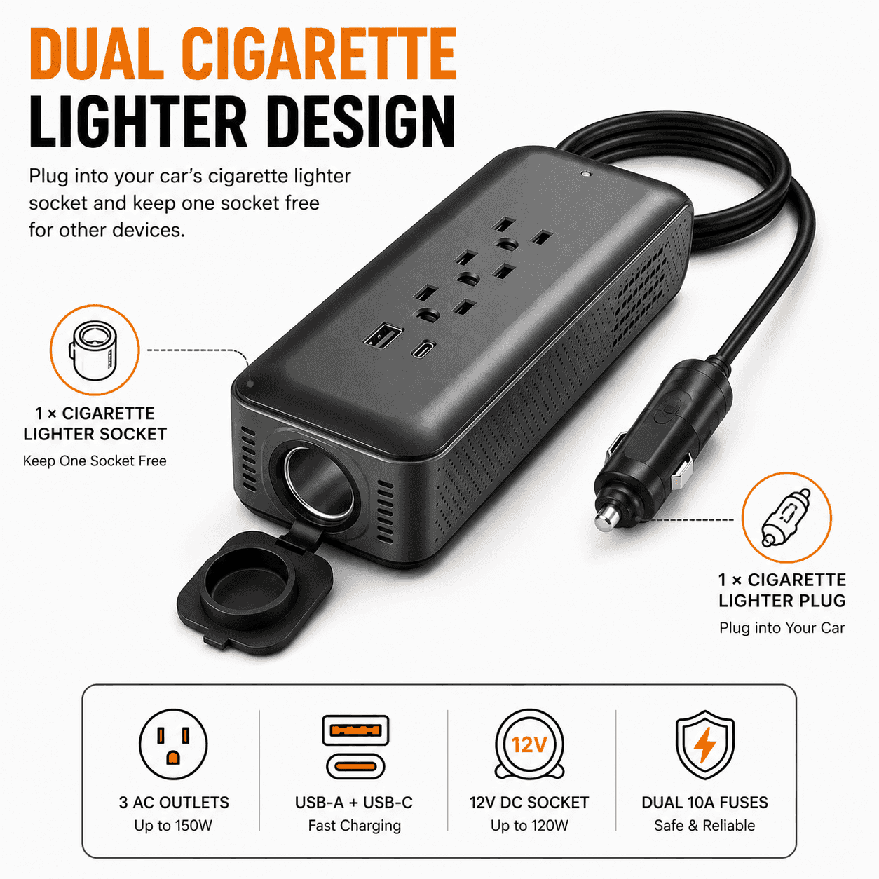 ERAYAK 150W Car Power Inverter - 3 AC Outlets, USB - C & USB - A Fast Charging - Erayak Power - Car charger - EK-TANK150