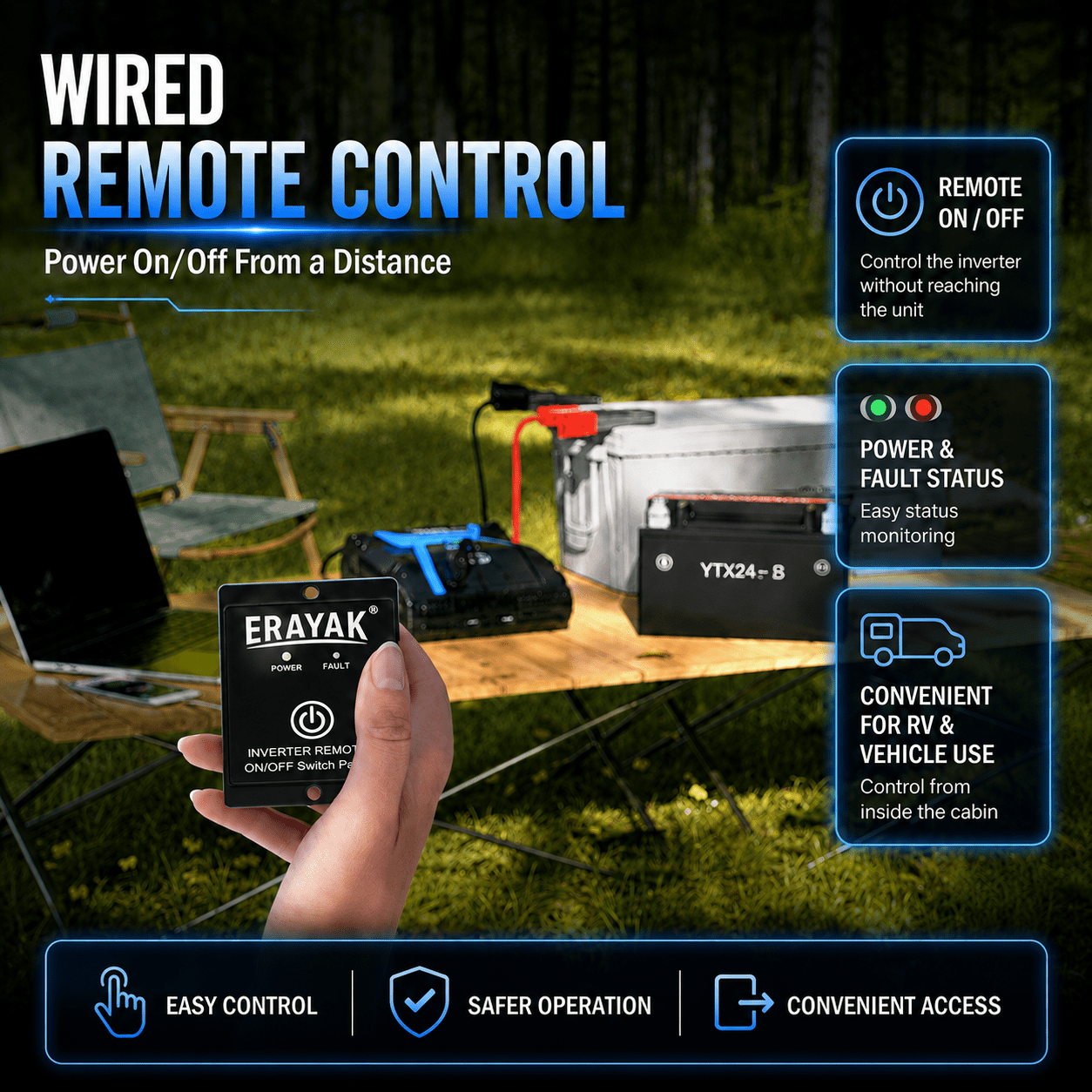 Erayak 2000W Power Inverter, 12V DC to 120V AC, LCD Display, Modified Sine Wave, Remote Control, USB-A & Type-C Ports, 6×40A Fuses, Quiet Fan for RV, Truck, Solar, Home Backup - Erayak Power - Power Inverter - InverterTANK-2000-US