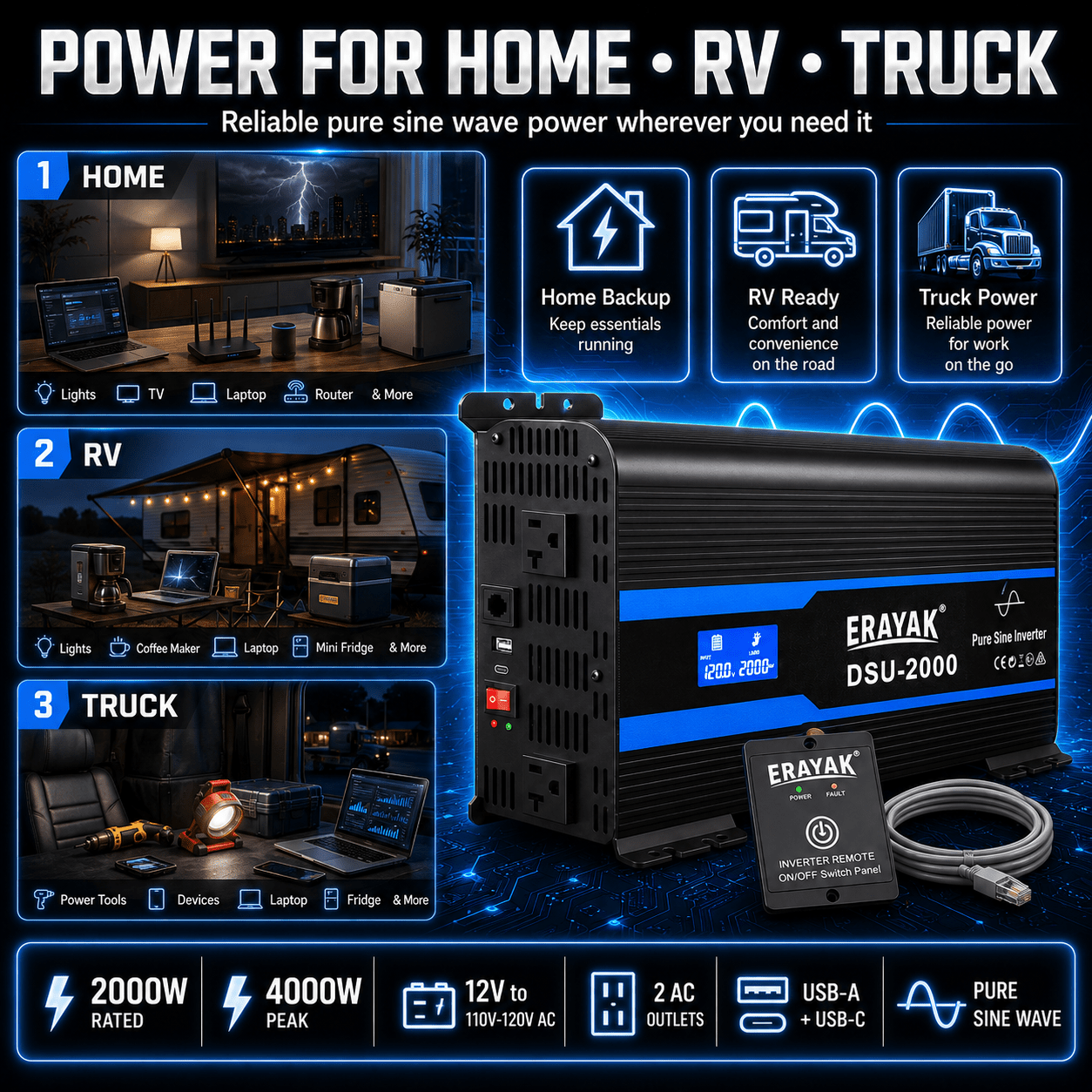 ERAYAK 2000W Pure Sine Wave Inverter for RV, Truck, Off-Grid & Emergency Backup - Erayak Power - 逆变器 - EK-DSU2000US