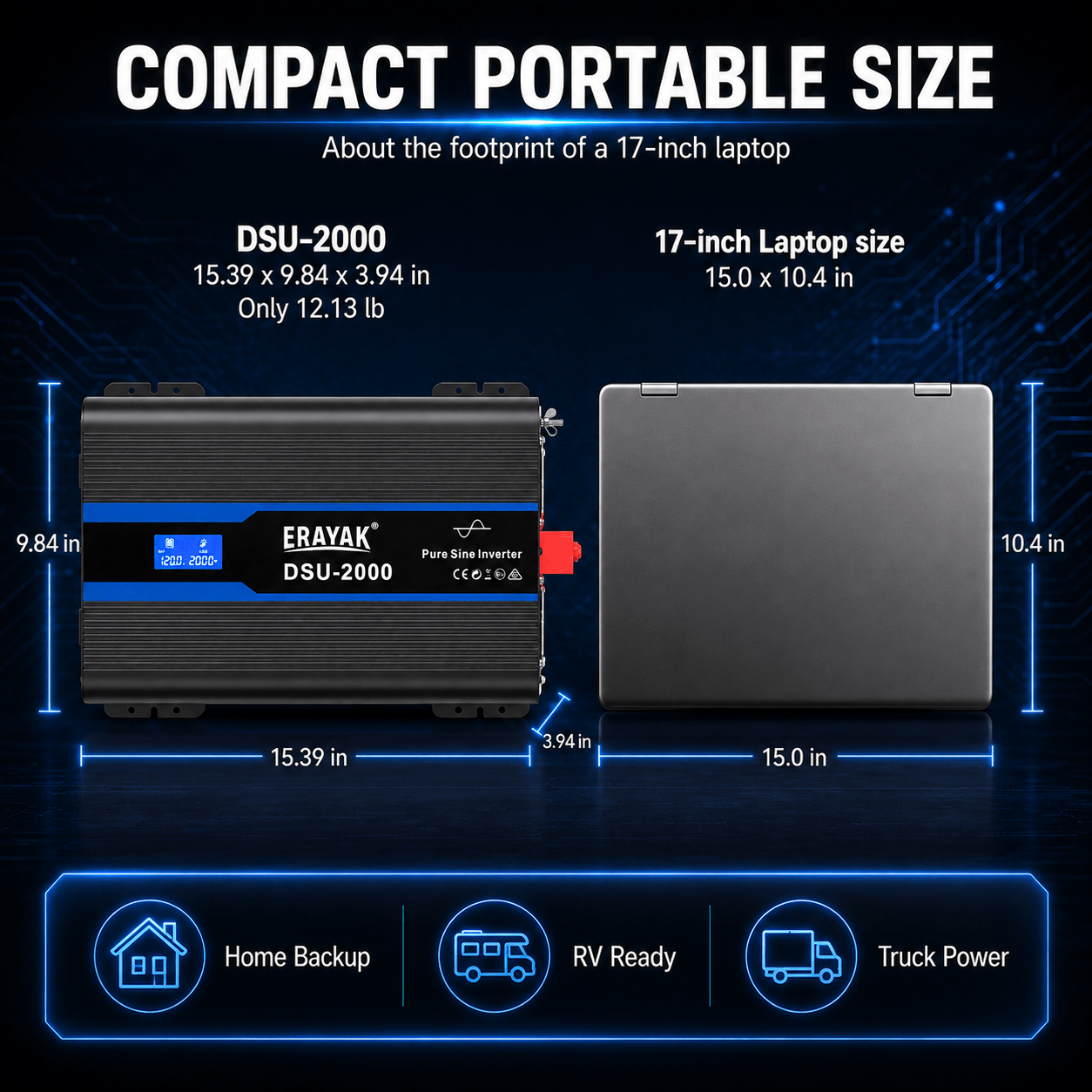ERAYAK 2000W Pure Sine Wave Inverter for RV, Truck, Off-Grid & Emergency Backup - Erayak Power - 逆变器 - EK-DSU2000US