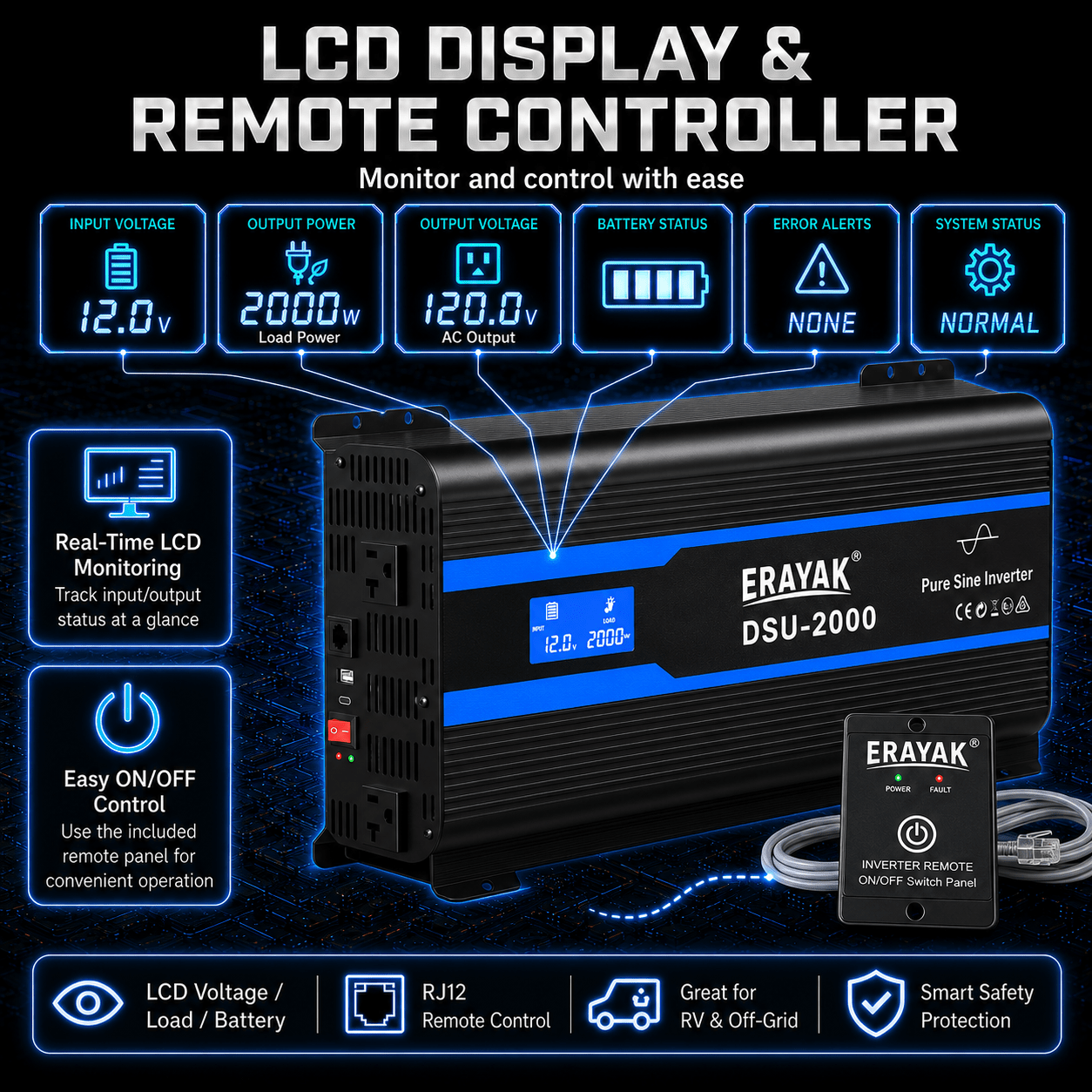 ERAYAK 2000W Pure Sine Wave Inverter for RV, Truck, Off-Grid & Emergency Backup - Erayak Power - 逆变器 - EK-DSU2000US