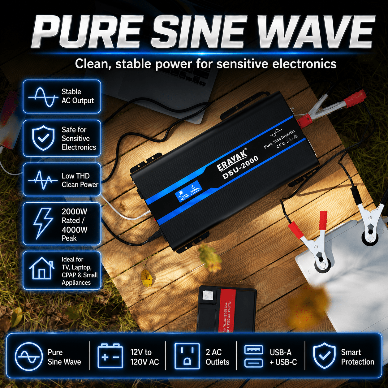 ERAYAK 2000W Pure Sine Wave Inverter for RV, Truck, Off-Grid & Emergency Backup - Erayak Power - 逆变器 - EK-DSU2000US