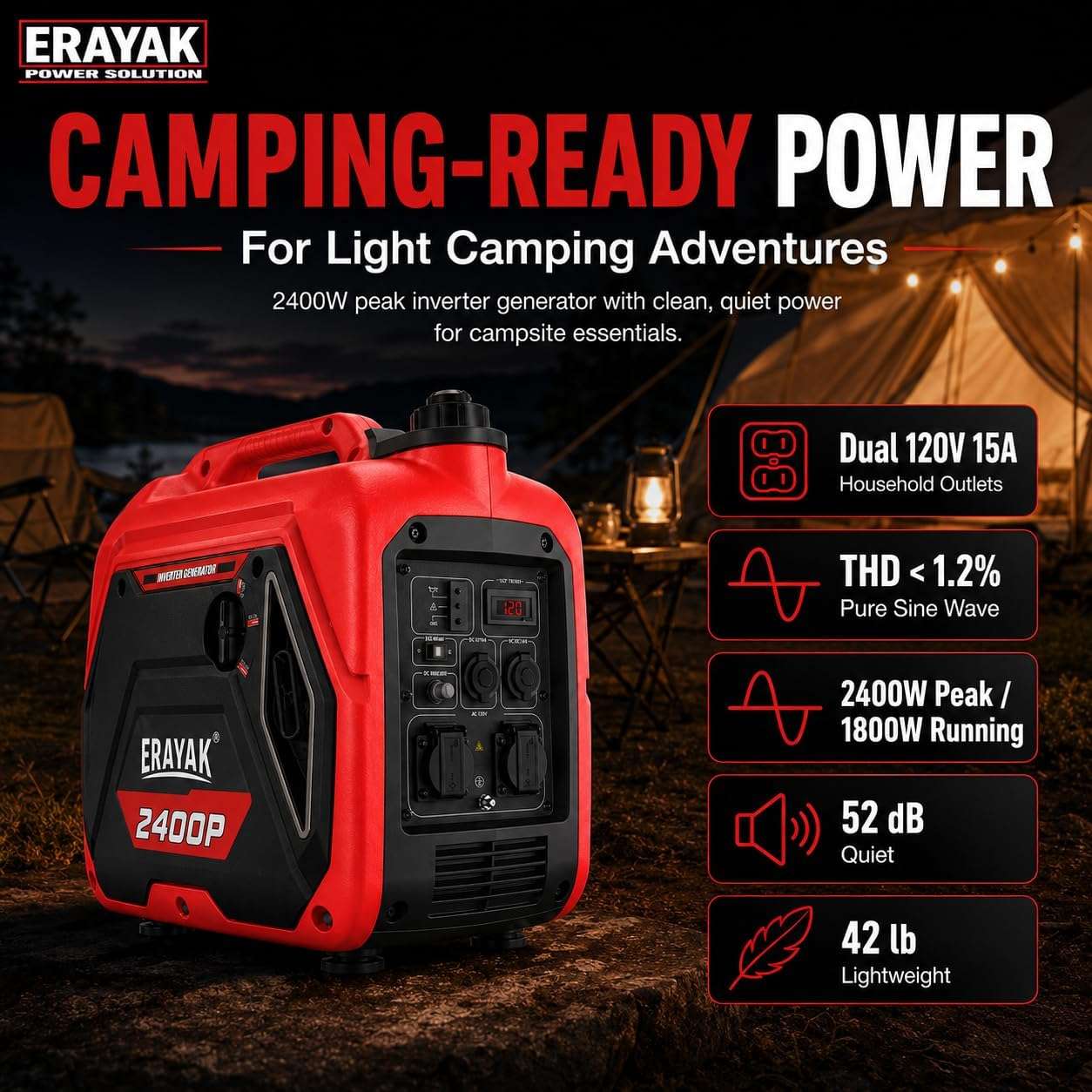 Erayak 2400W Portable Inverter Generator - Gas Powered for Camping, RV Essentials & Small Home Backup - Erayak Power - Portable Inverter Generator - EK-EIG2400P