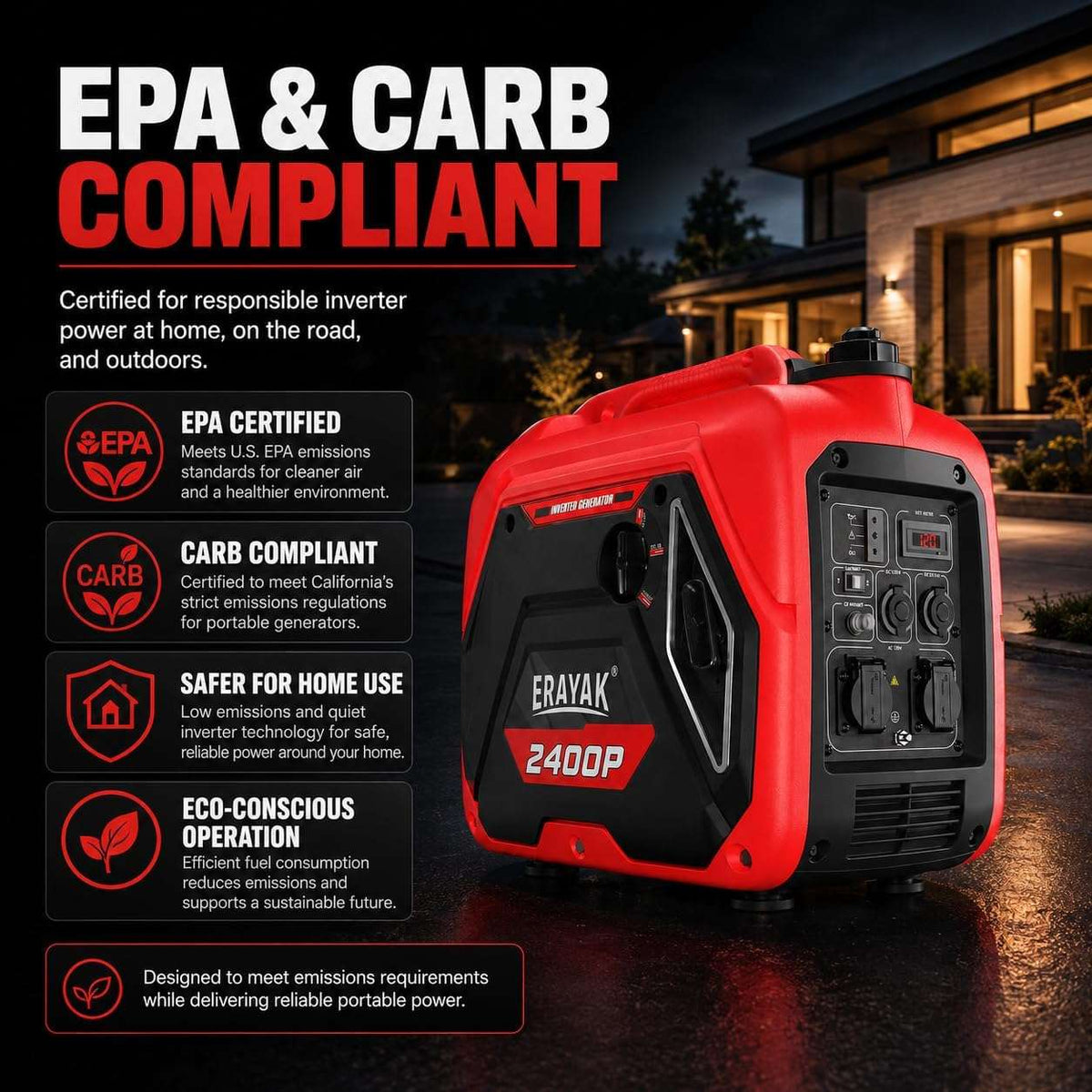 Erayak 2400W Portable Inverter Generator - Gas Powered for Camping, RV Essentials & Small Home Backup - Erayak Power - Portable Inverter Generator - EK-EIG2400P