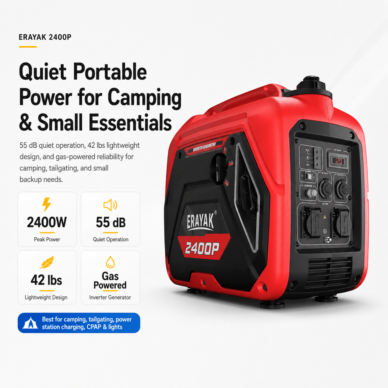 Erayak 2400W Portable Inverter Generator - Gas Powered for Camping, RV Essentials & Small Home Backup - Erayak Power - Portable Inverter Generator - EK-EIG2400P