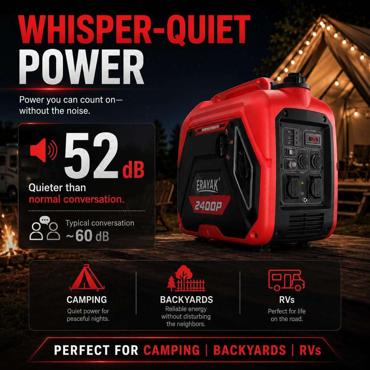 Erayak 2400W Portable Inverter Generator - Gas Powered for Camping, RV Essentials & Small Home Backup - Erayak Power - Portable Inverter Generator - EK-EIG2400P