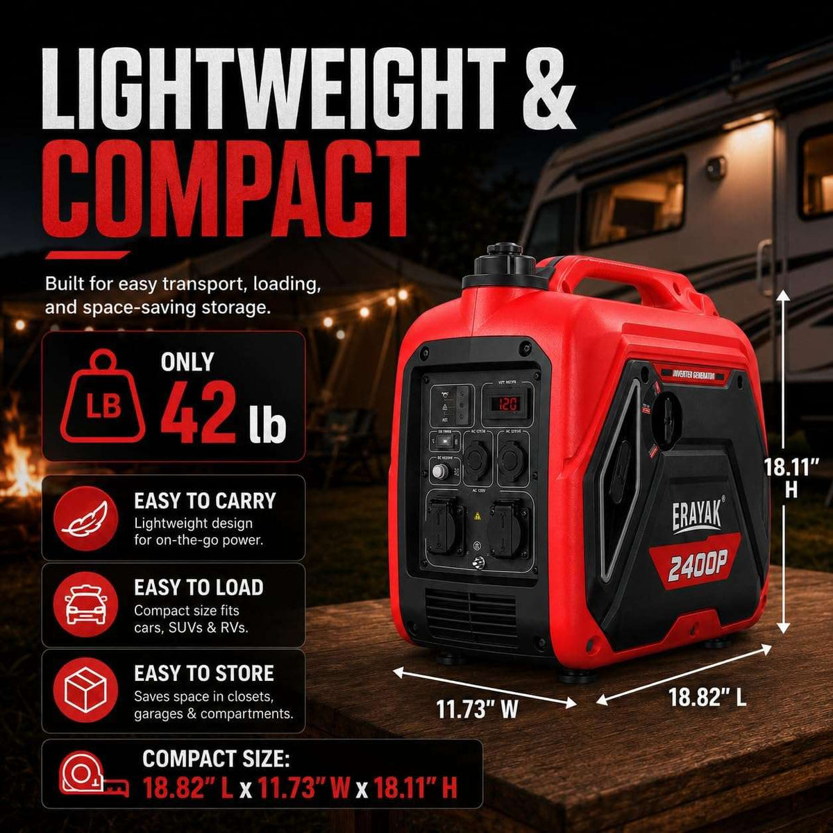 Erayak 2400W Portable Inverter Generator - Gas Powered for Camping, RV Essentials & Small Home Backup - Erayak Power - Portable Inverter Generator - EK-EIG2400P