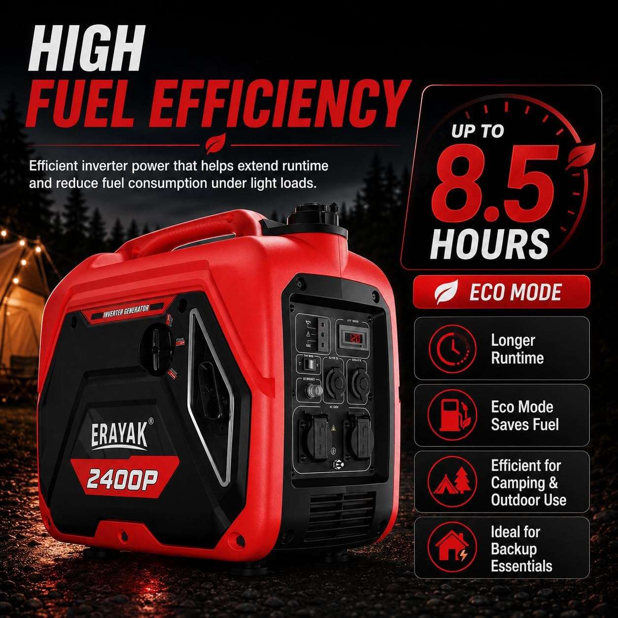 Erayak 2400W Portable Inverter Generator - Gas Powered for Camping, RV Essentials & Small Home Backup - Erayak Power - Portable Inverter Generator - EK-EIG2400P