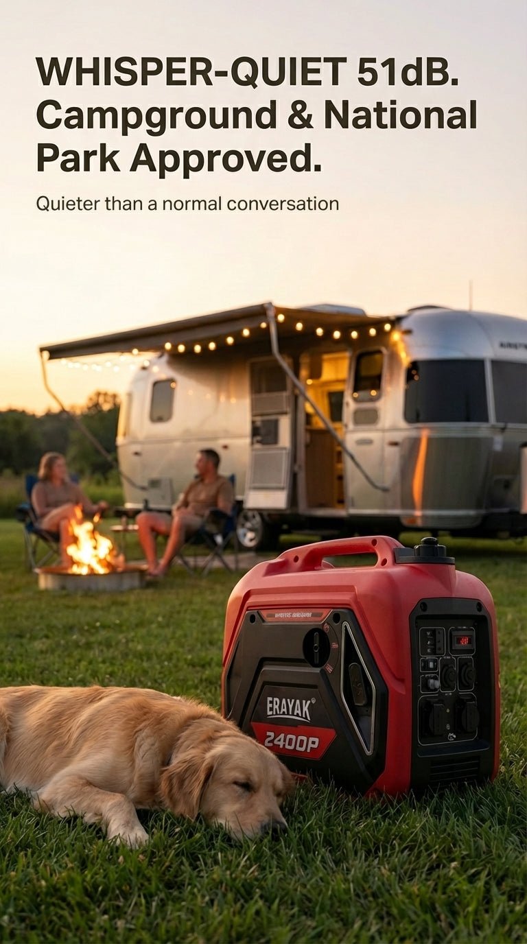 Erayak 2400W Portable Inverter Generator - Super Quiet 51dB, Lightweight 42 lbs | Gas Powered for RV, Camping & Home Backup - Erayak Power