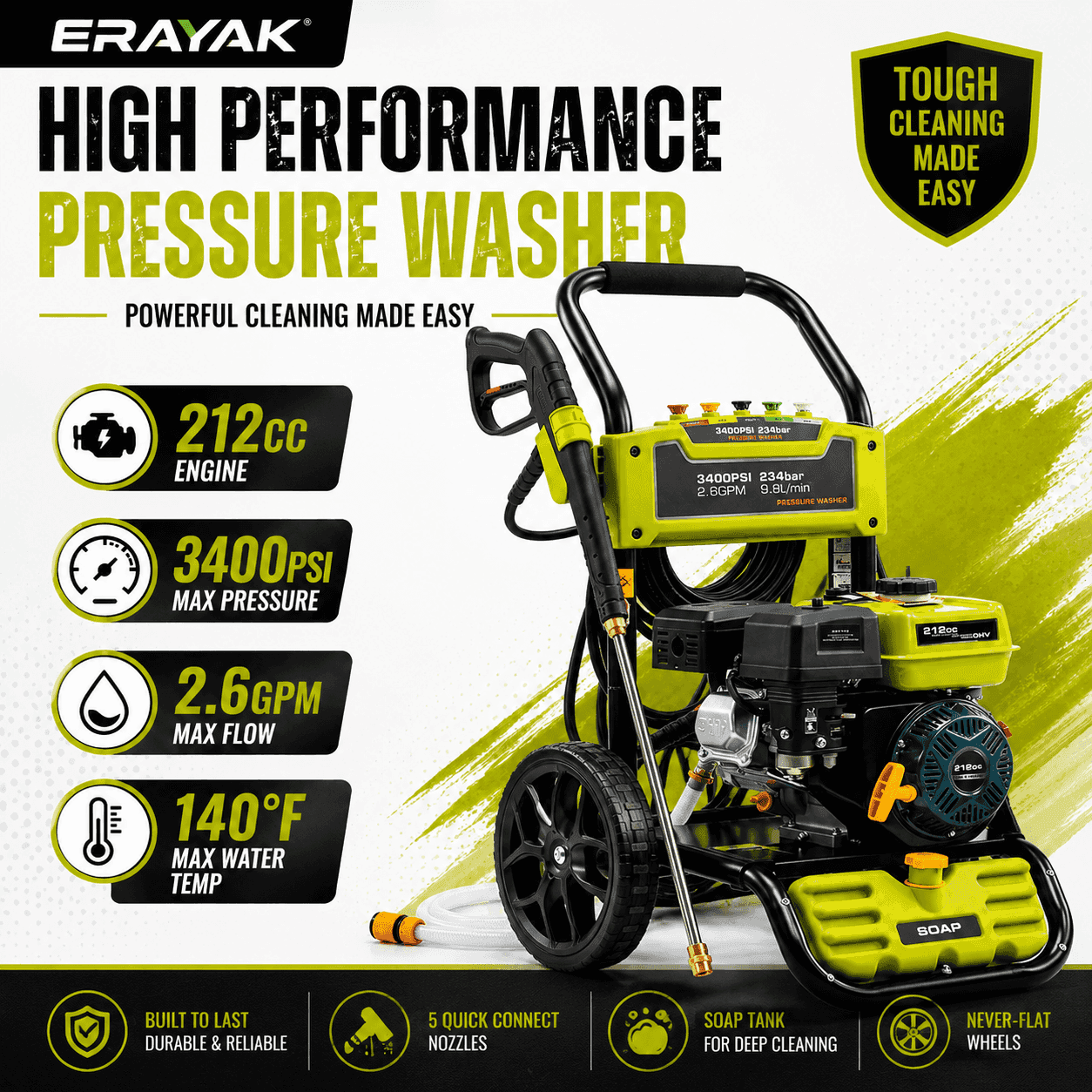 Erayak 3400 PSI Gas Pressure Washer - 2.6 GPM Heavy Duty Power Washer with 212cc OHV Engine for Siding, Decks, and Driveways - Erayak Power -