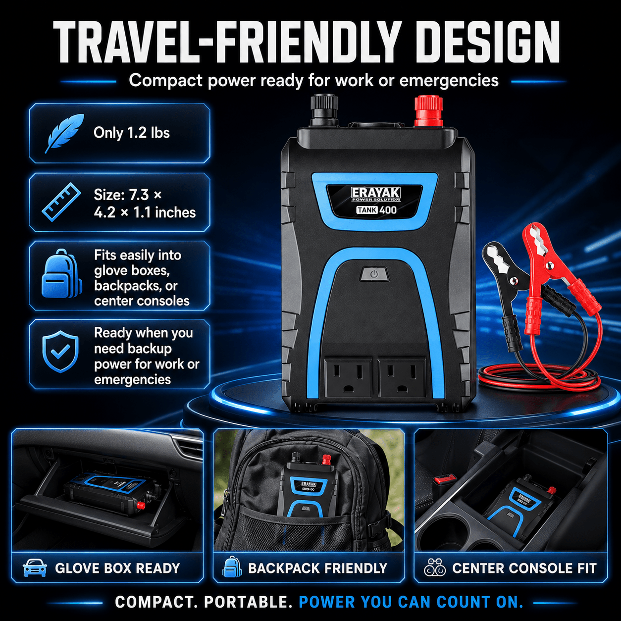 ERAYAK 400W Car Power Inverter, 12V DC to 110V AC Converter with USB-C Charging - Erayak Power - Power Inverter - EK-TANK400