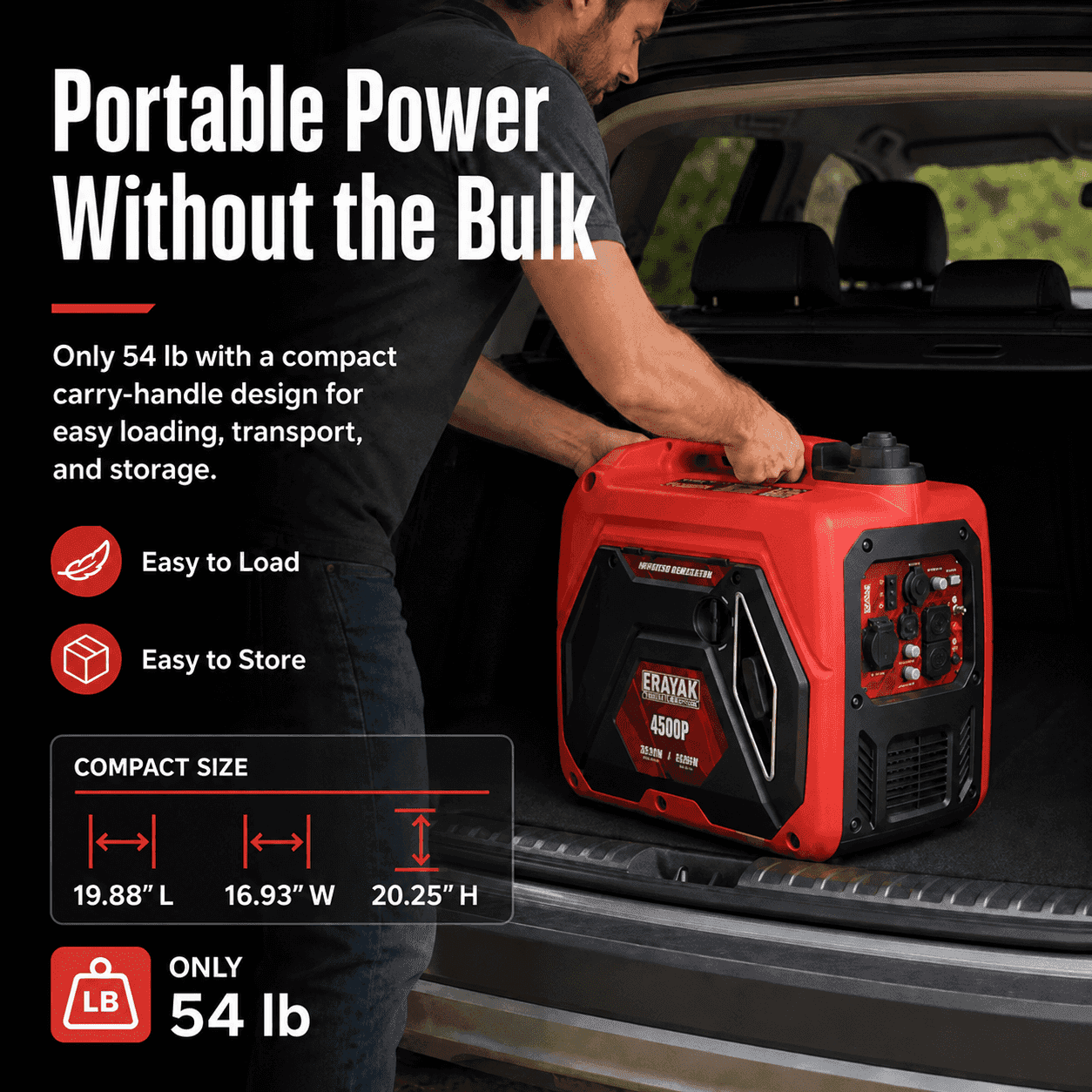 Person loading compact red inverter generator into vehicle trunk, lightweight 54 lb design with carry handle for easy transport