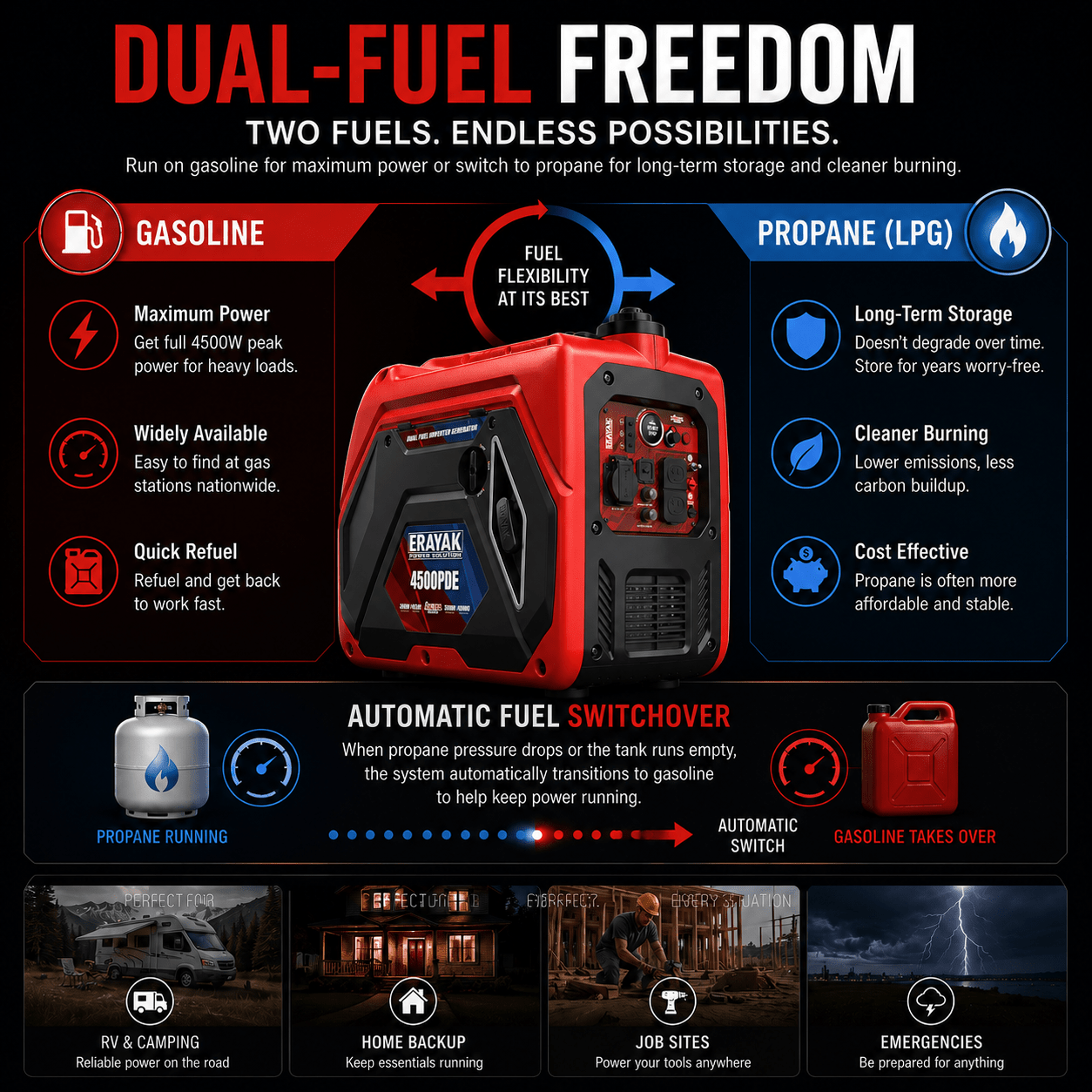 Erayak 4500PDE 4500W Dual-Fuel Inverter Generator for RV & Home Backup with Electric Start - Erayak Power - Portable Inverter Generator - EK-4500PDE