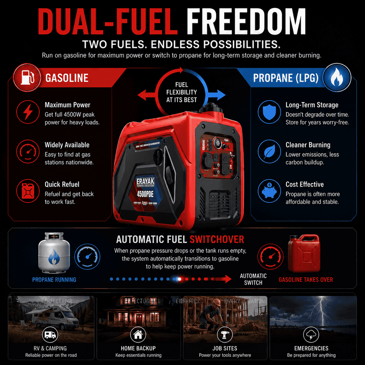 Erayak 4500PDE 4500W Dual-Fuel Inverter Generator for RV & Home Backup with Electric Start - Erayak Power - Portable Inverter Generator - EK-4500PDE