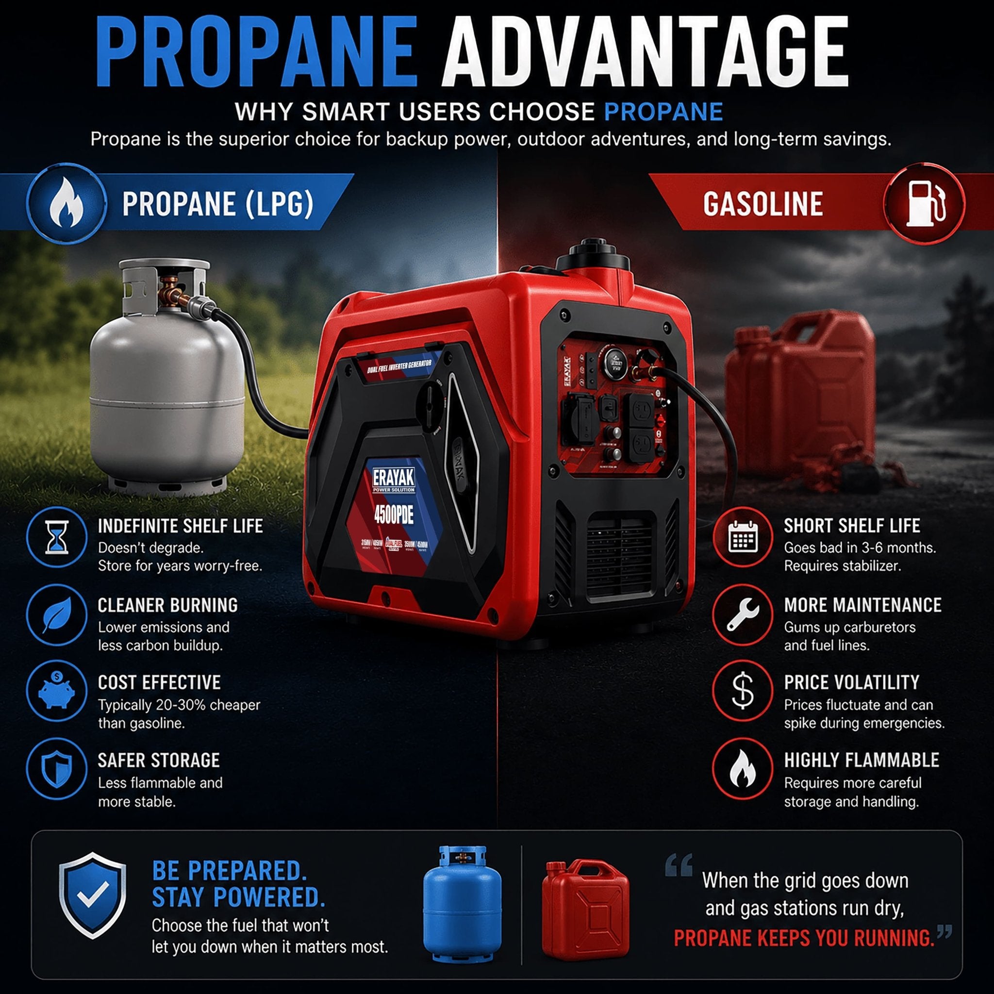 Erayak 4500W Dual - Fuel Inverter Generator – Quiet Gas & Propane, 30Amp RV Ready, Portable Home Backup Power - Erayak Power - Portable Inverter Generator - EK-4500PDE