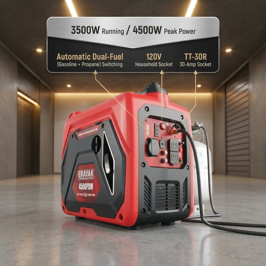 Erayak 4500W Dual - Fuel Inverter Generator – Quiet Gas & Propane, 30Amp RV Ready, Portable Home Backup Power - Erayak Power - Portable Inverter Generator - EK-4500PDE