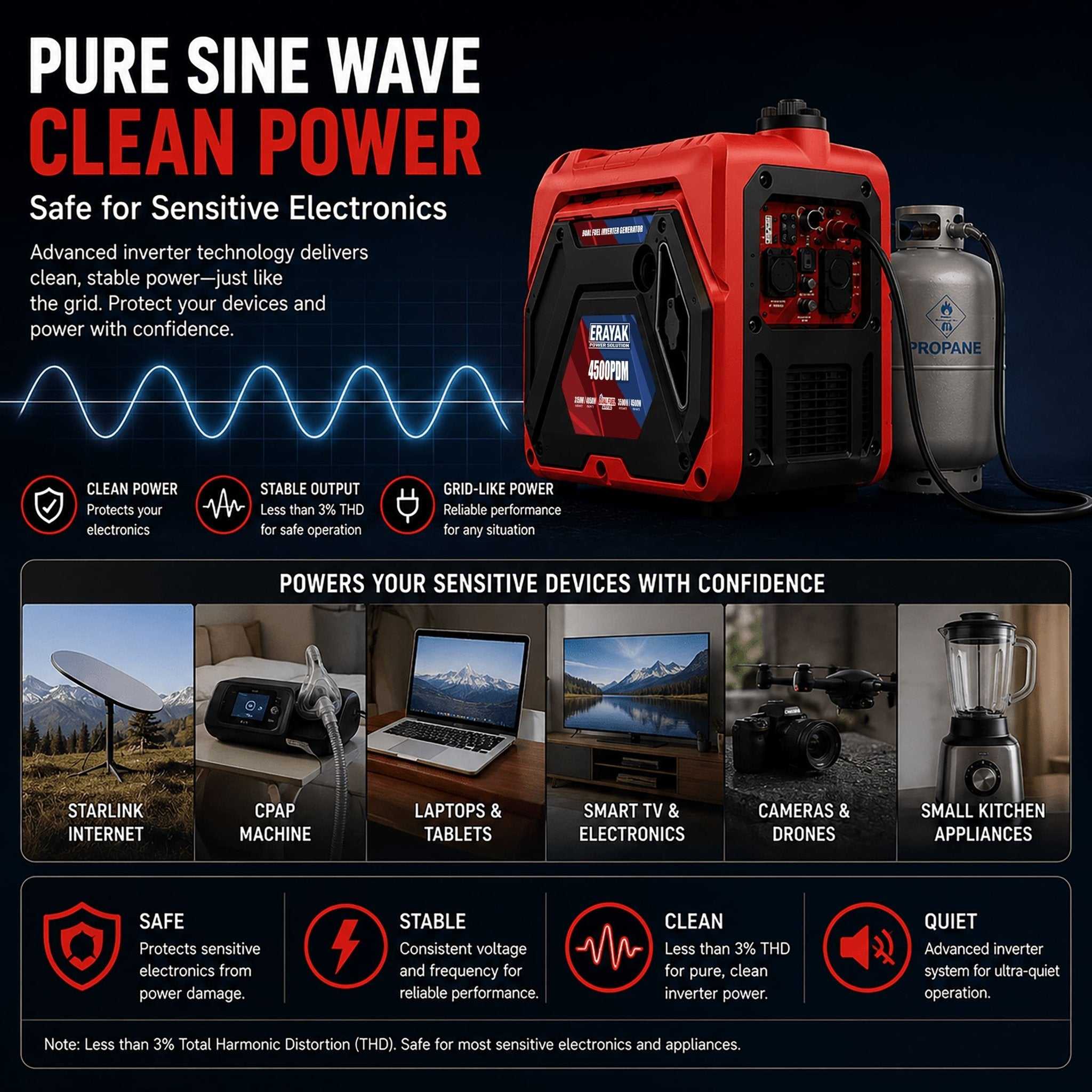 Erayak 4500W Dual - Fuel Inverter Generator – Quiet Gas & Propane, 30Amp RV Ready, Portable Home Backup Power - Erayak Power - Portable Inverter Generator - EK-4500PDE