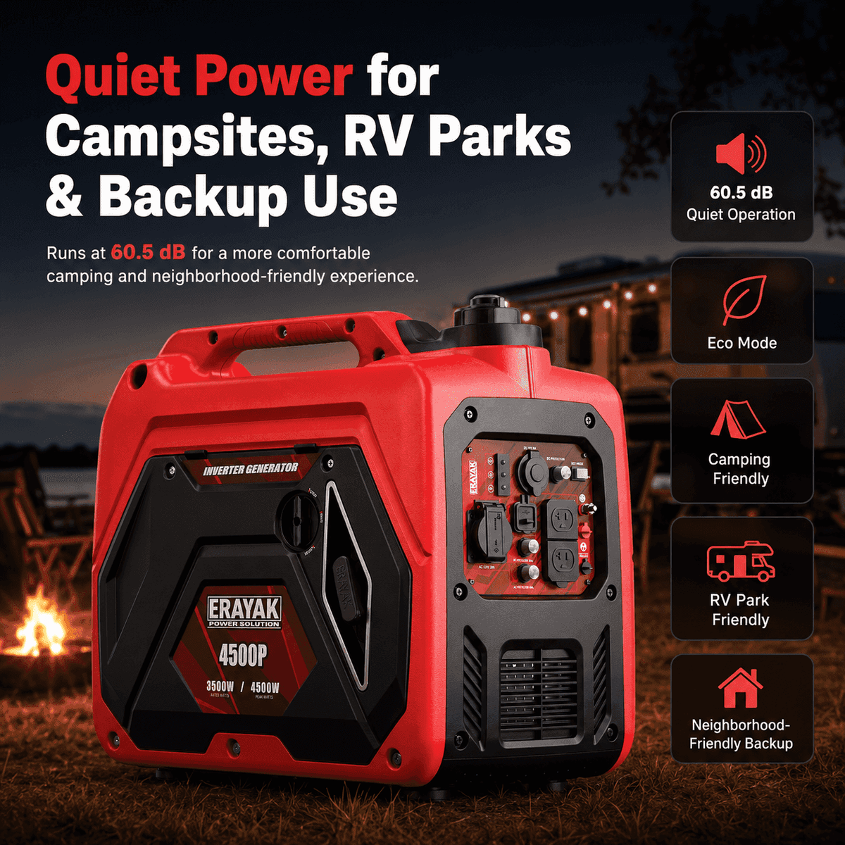 Red portable inverter generator for RV camping with control panel, power outlets, and digital display, lightweight and quiet operation