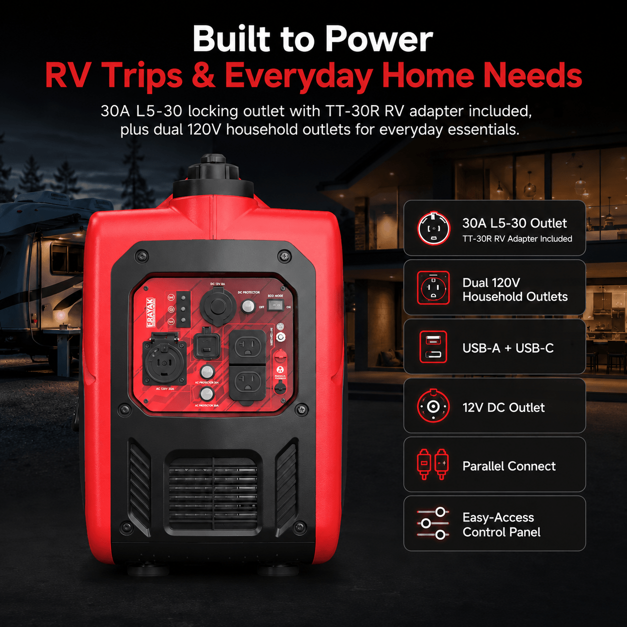 Erayak 4500W Quiet Inverter Generator | 30A RV - Ready Camping & Home Backup Power - Erayak Power - Portable Inverter Generator - EK-4500P