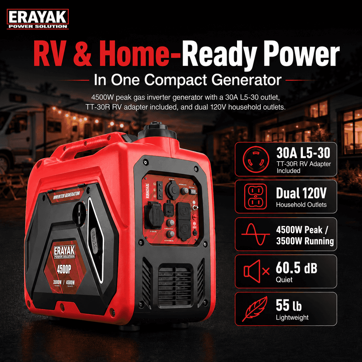 ERAYAK 4500W inverter generator with red and black design, dual household outlets, and RV power adapter for outdoor use