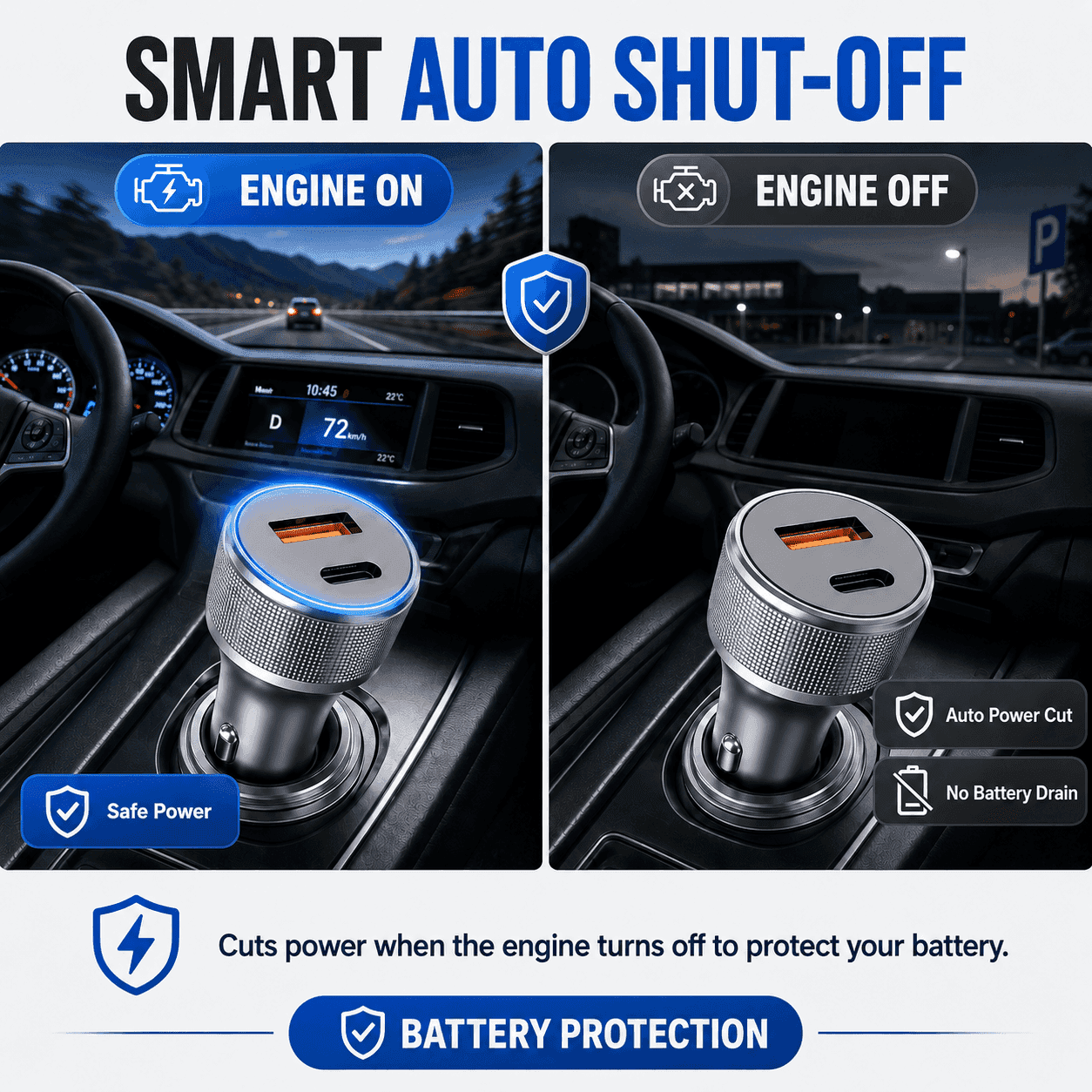 ERAYAK 54W Fast Car Charger | Dual USB-C PD 3.0 & QC 3.0 with LED Display - Erayak Power - Car charger - InverterTANK-50W-US