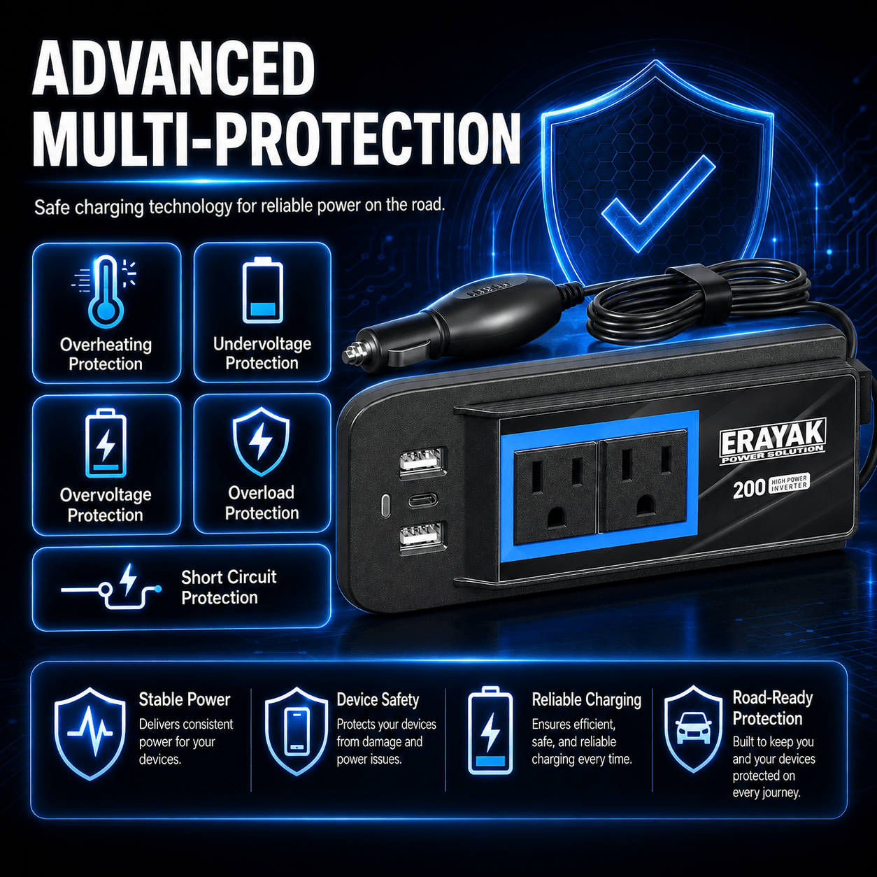 ERAYAK TANK200 200W Cigarette Lighter Power Inverter with 18W USB-C PD - Erayak Power - Car charger - EK-TANK200