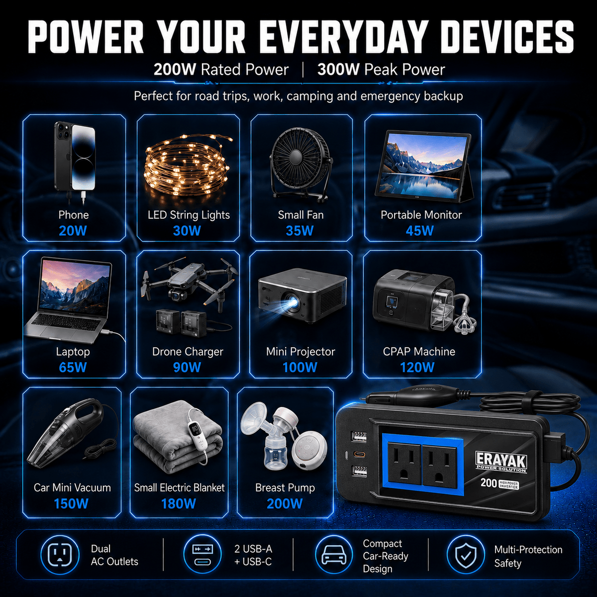 ERAYAK TANK200 200W Cigarette Lighter Power Inverter with 18W USB-C PD - Erayak Power - Car charger - EK-TANK200