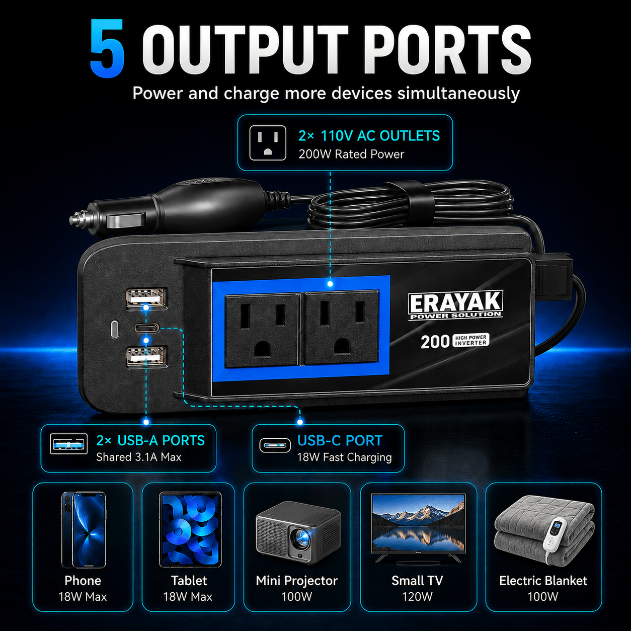 ERAYAK TANK200 200W Cigarette Lighter Power Inverter with 18W USB-C PD - Erayak Power - Car charger - EK-TANK200