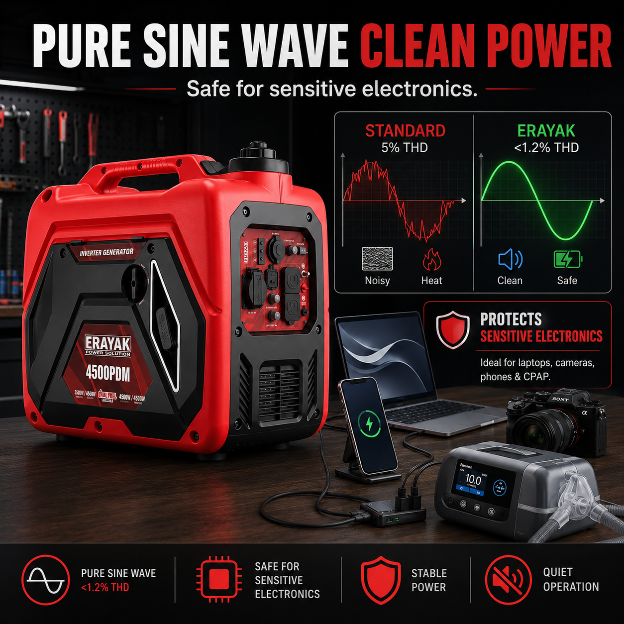 Erayak Generador Inversor Portátil 4500W, Silencioso, Doble Combustible, EYG4500PD