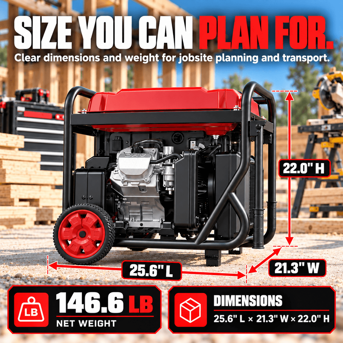 Portable generator with black frame and red fuel tank at a construction site, measuring 25.6 inches long, 21.3 inches wide, and 22 inches high