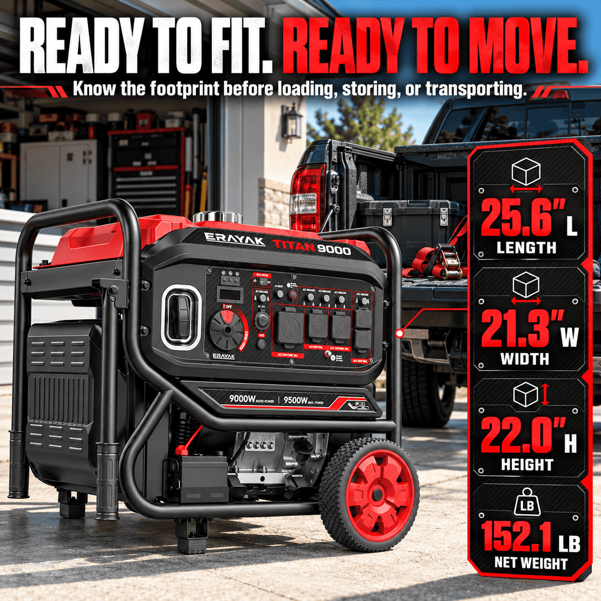 ERAYAK TITAN 9000 portable inverter generator with black and red design, 25.6-inch length, 21.3-inch width, 22-inch height, and 152.1 lb weight, ideal for home and commercial use