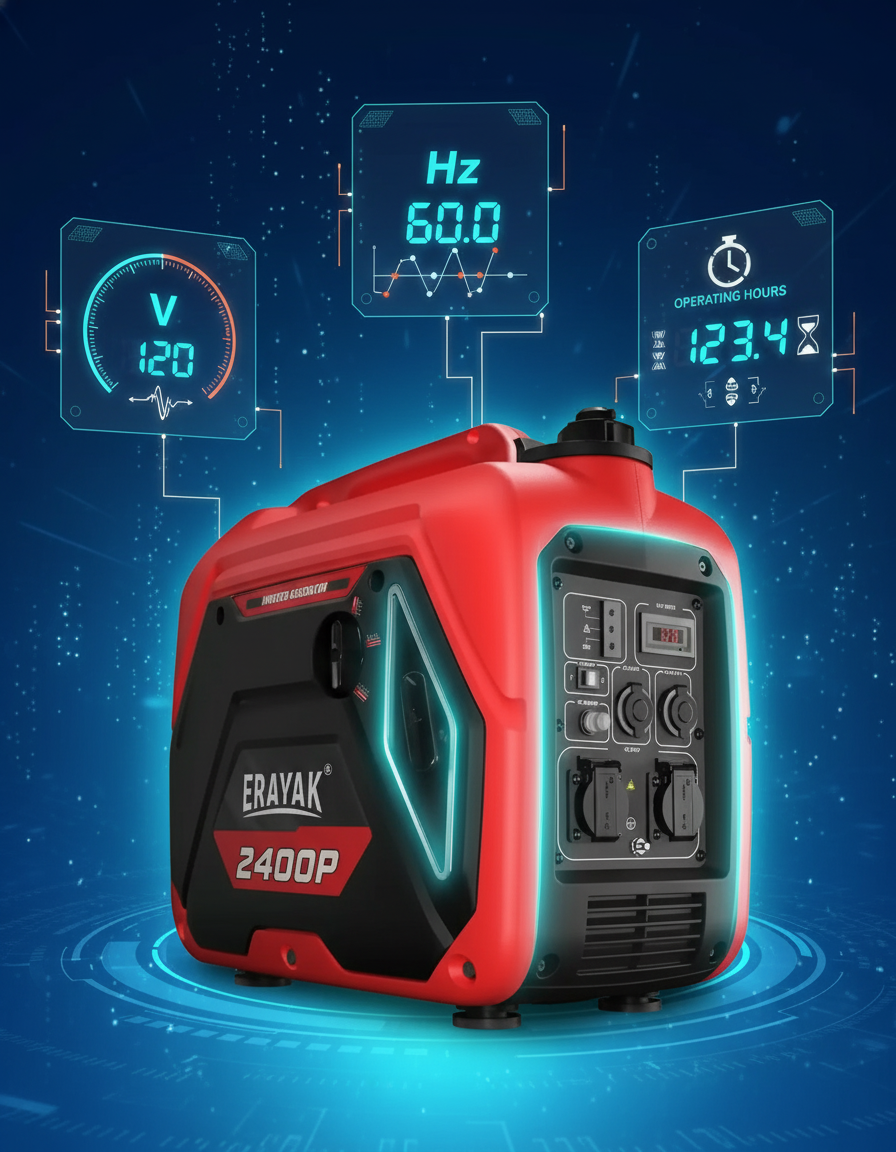 Smart digital display shows voltage, frequency, and operating hours at a glance