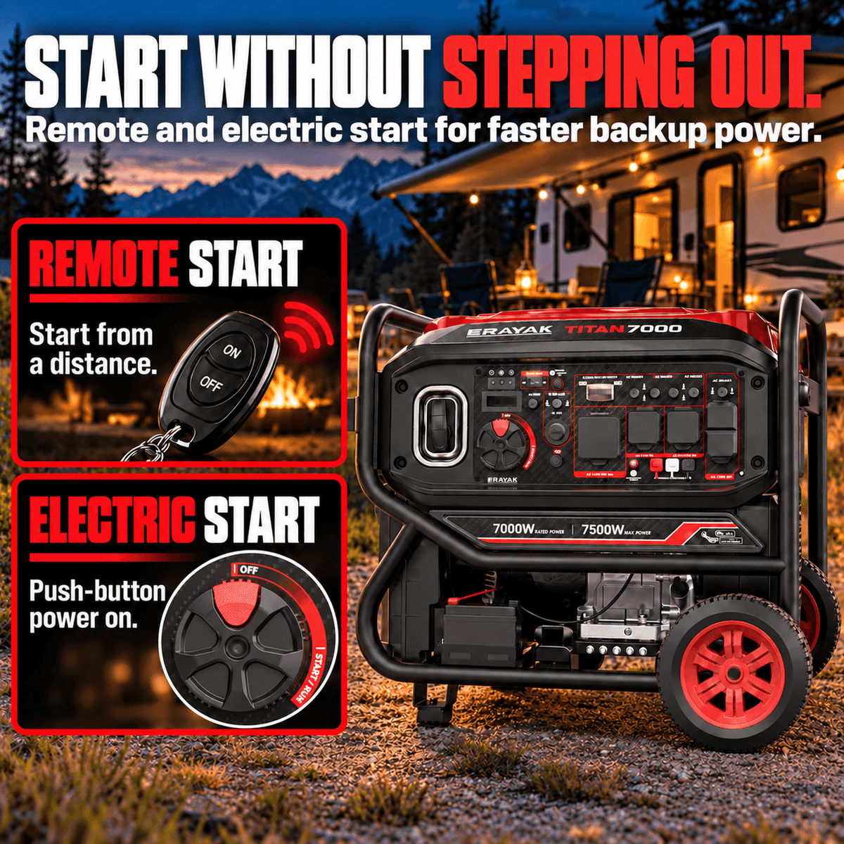 Portable ERAYAK TITAN 7000 inverter generator with black and red design, digital control panel, large wheels, and outdoor camping setup in background