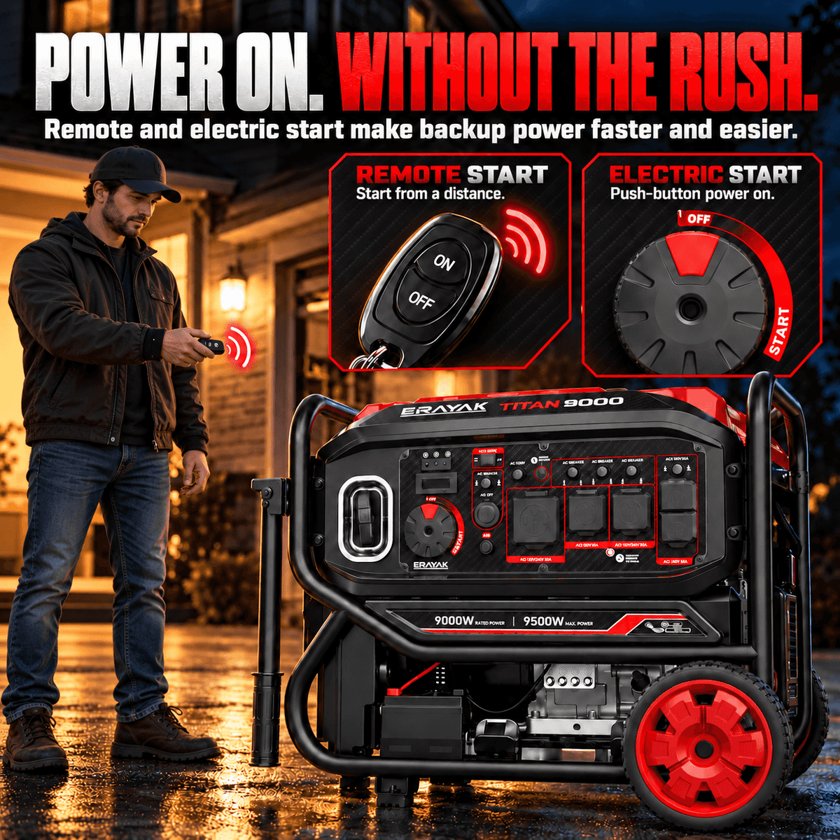 ERAYAK 9500W inverter generator with black and red design, large wheels, control panel, and remote start key fob for home and commercial use