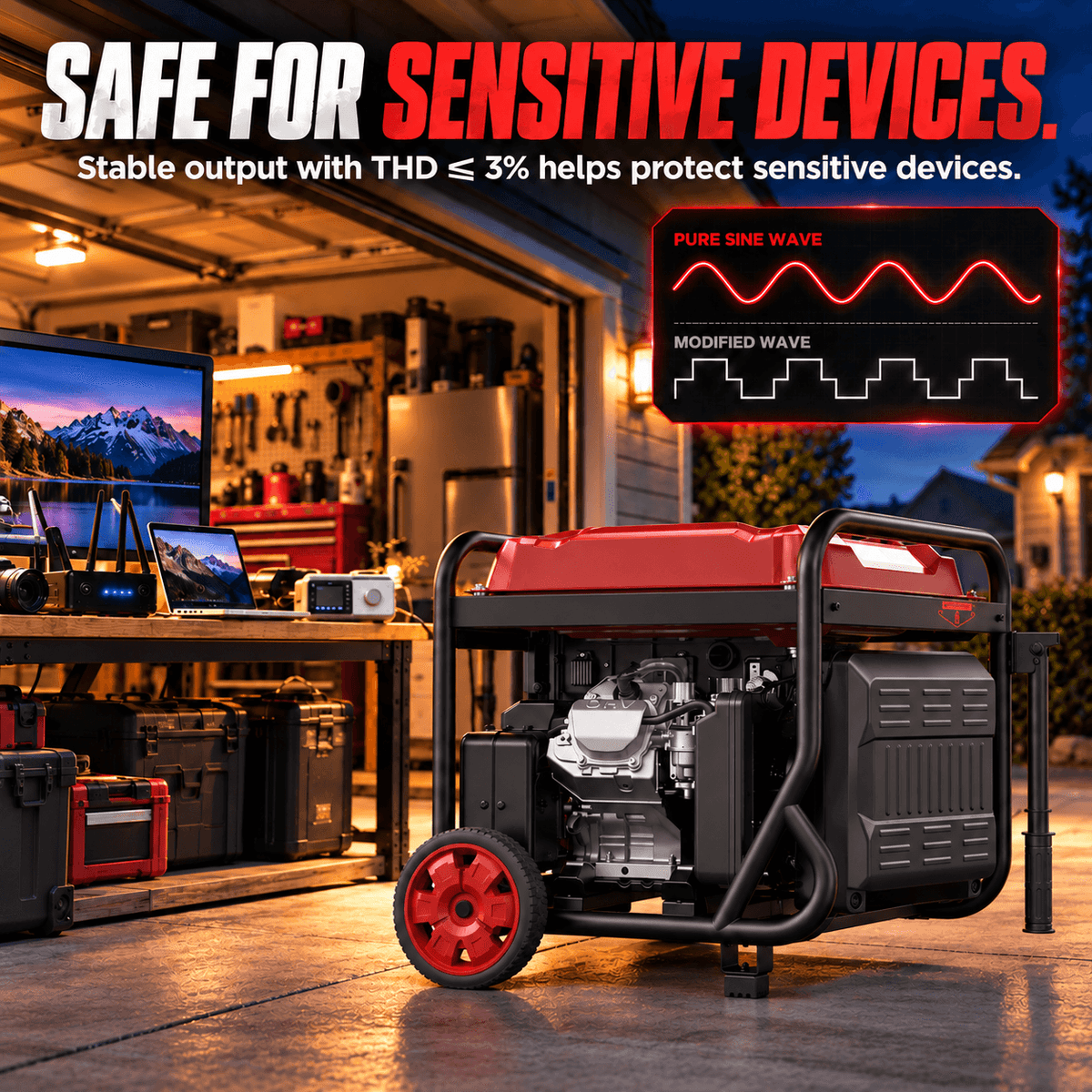 ERAYAK TITAN 7000 generator outdoors at sunset, showing features for safe, stable power supply with high output for home and job sites