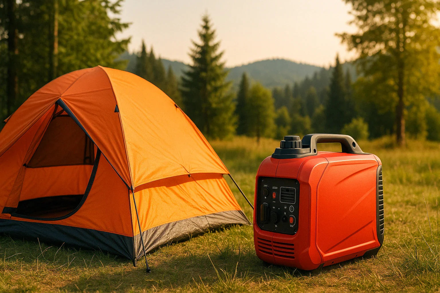 Portable inverter generator next to a camping tent in a forest campsite during sunset