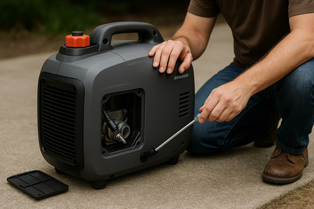 Small quiet generator being maintained outdoors—oil check and inspection in progress.