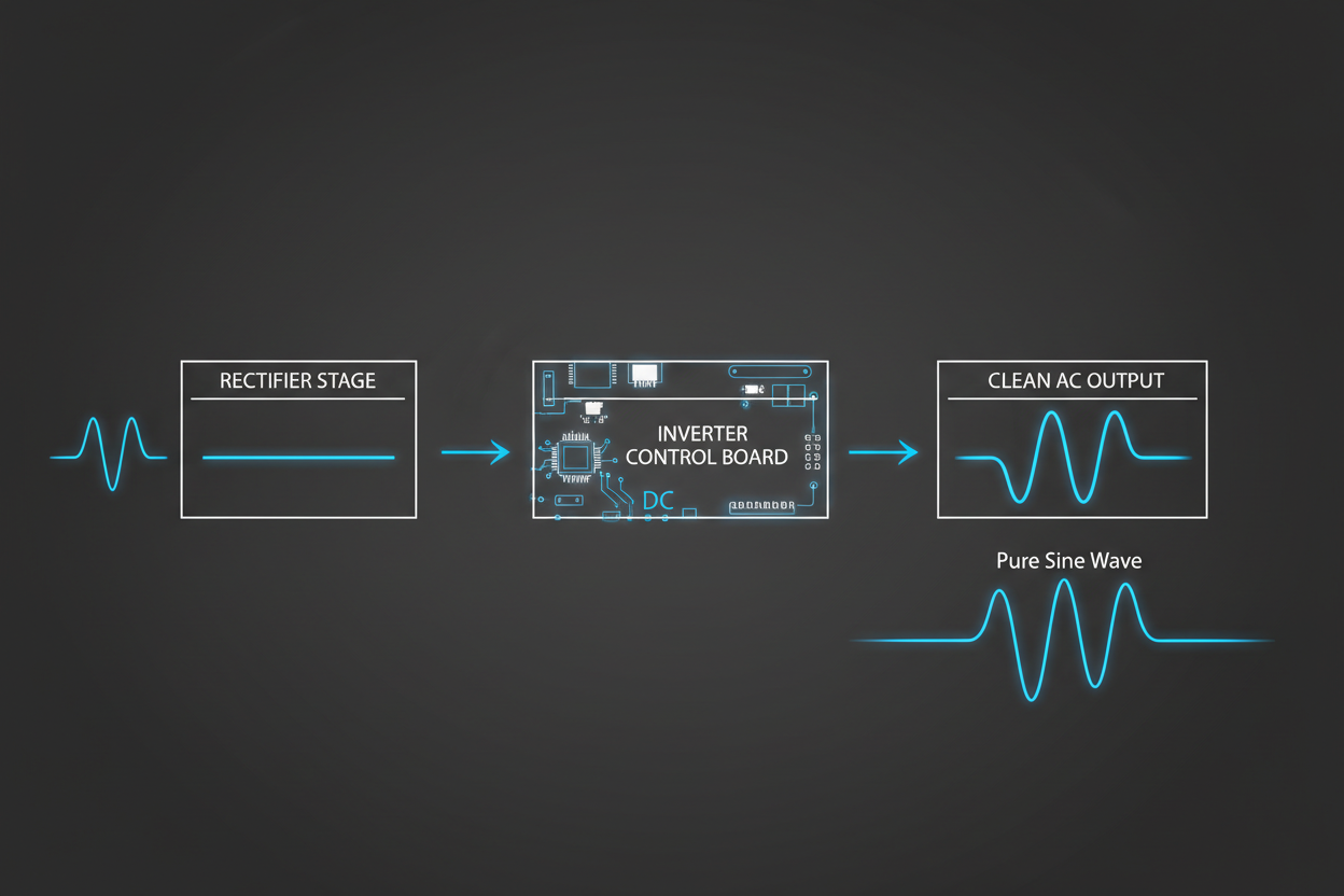 Illustration of how inverter generators work showing AC to DC to pure sine wave power conversion.