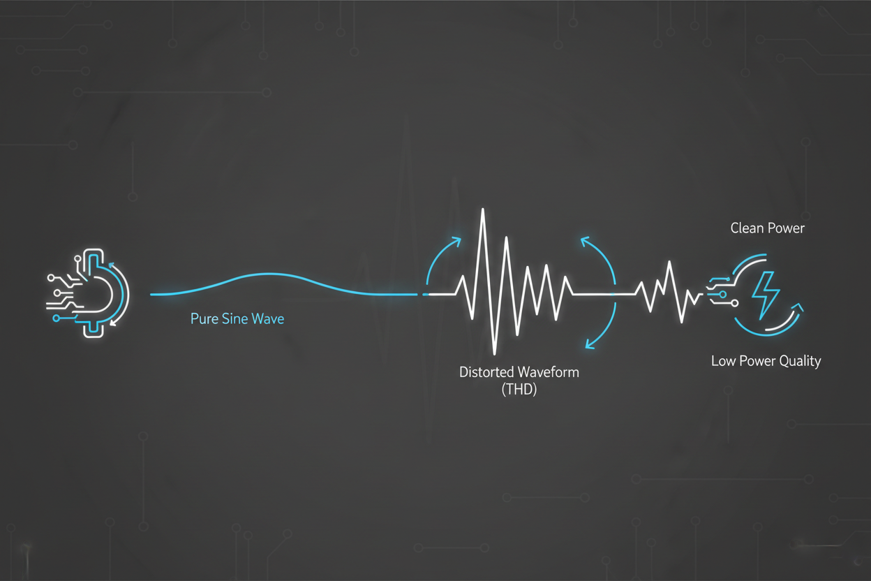 Illustration comparing pure sine wave and distorted waveforms showing THD in generators.