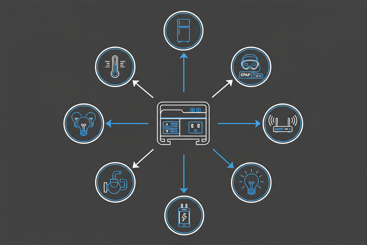 Technical illustration showing how a generator protects home essentials during outages.