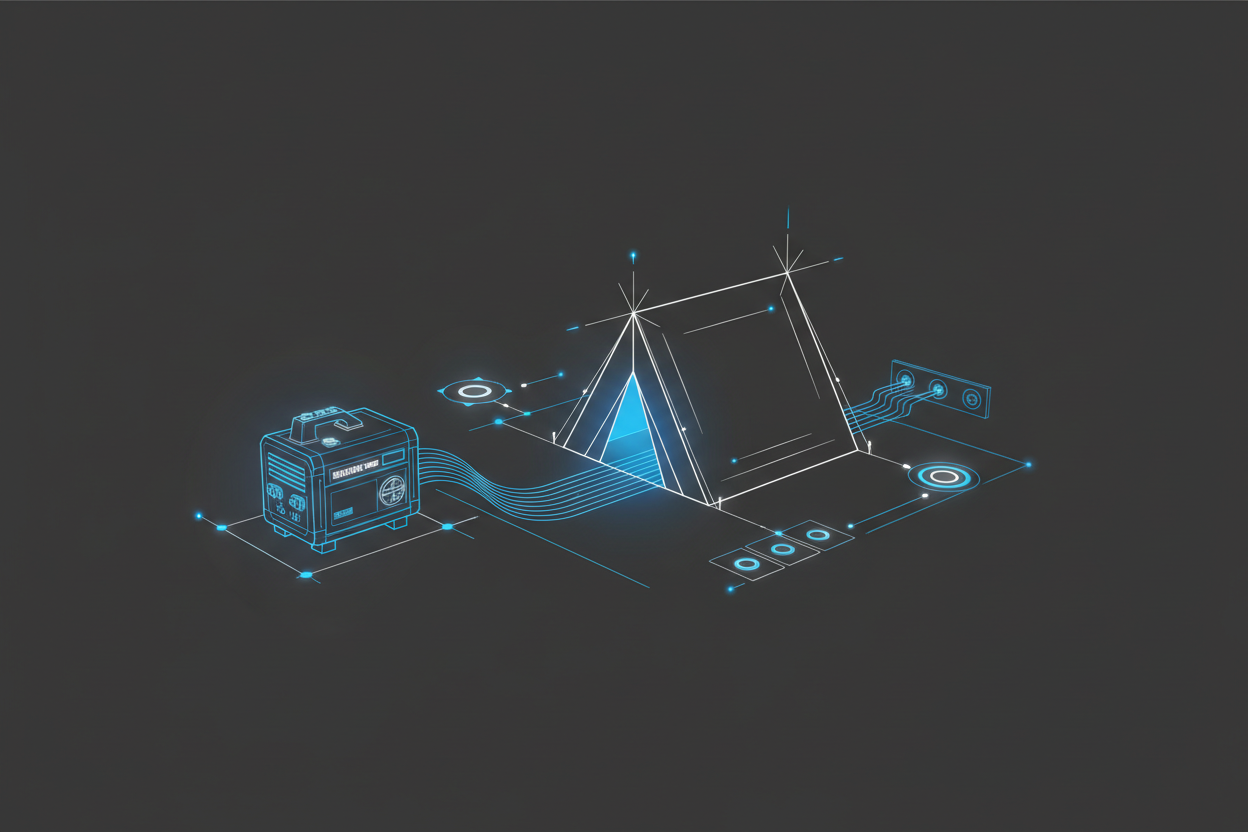 Schematic camping scene showing a tent powered by a portable inverter generator.