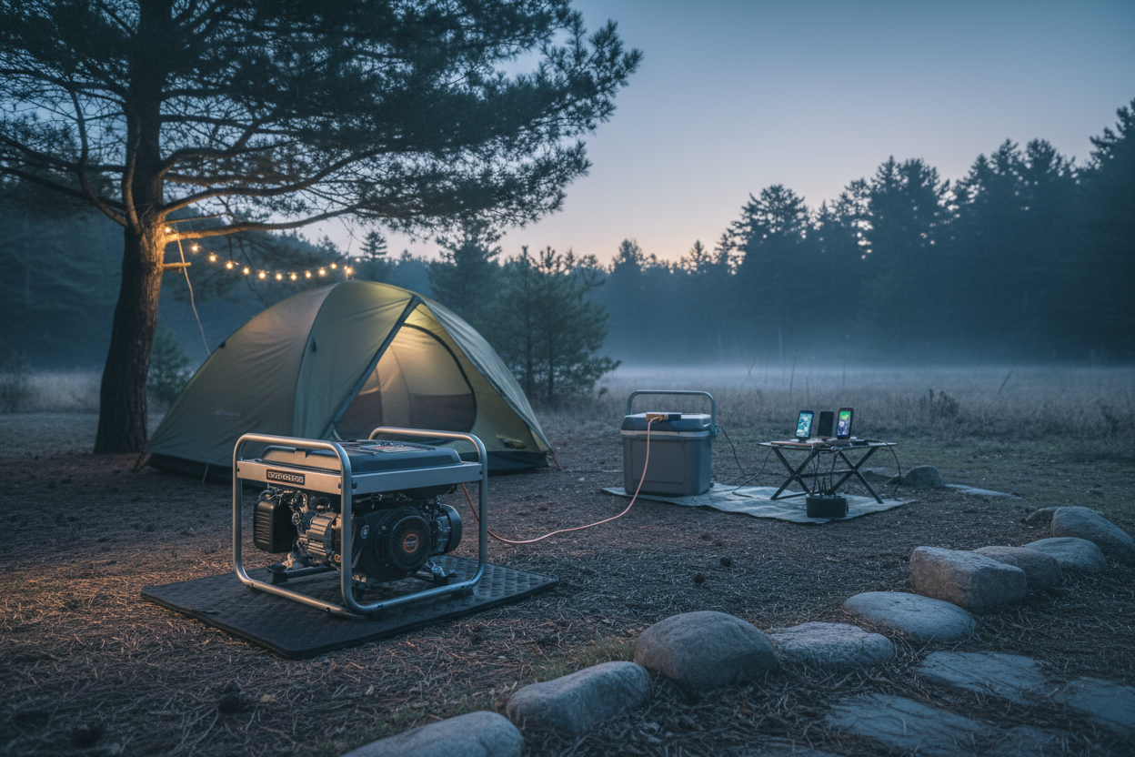 Technical illustration of a camping generator powering common campsite devices.